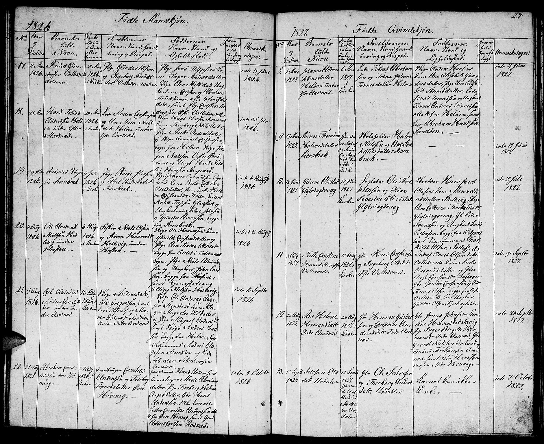 Høvåg sokneprestkontor, SAK/1111-0025/F/Fb/L0001: Klokkerbok nr. B 1, 1817-1846, s. 27