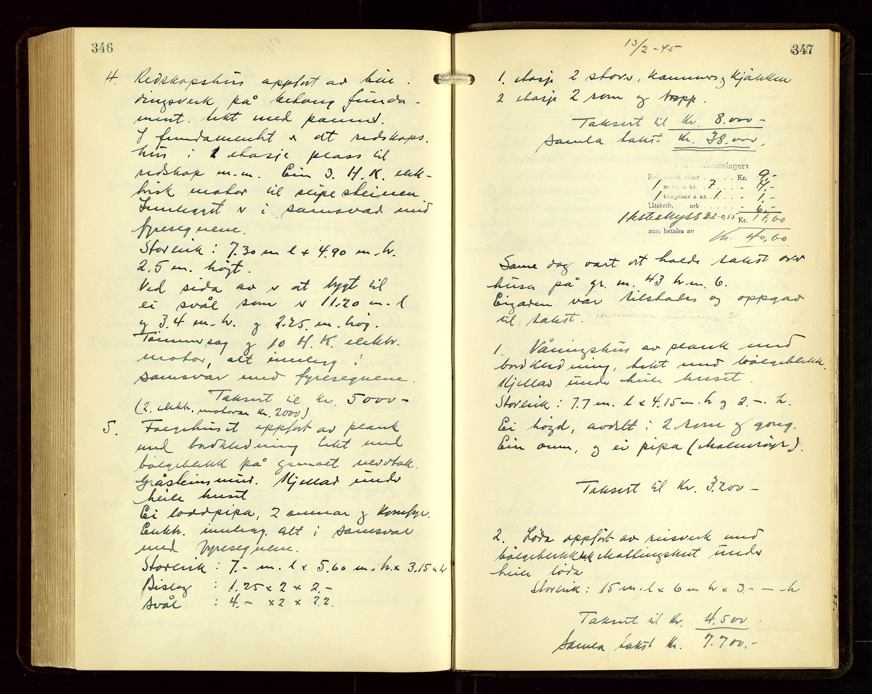 Sauda lensmannskontor, SAST/A-100177/Goa/L0004: "Brandtakstprotokoll for Sauda lensmannsdistrikt", 1934-1946, s. 346-347