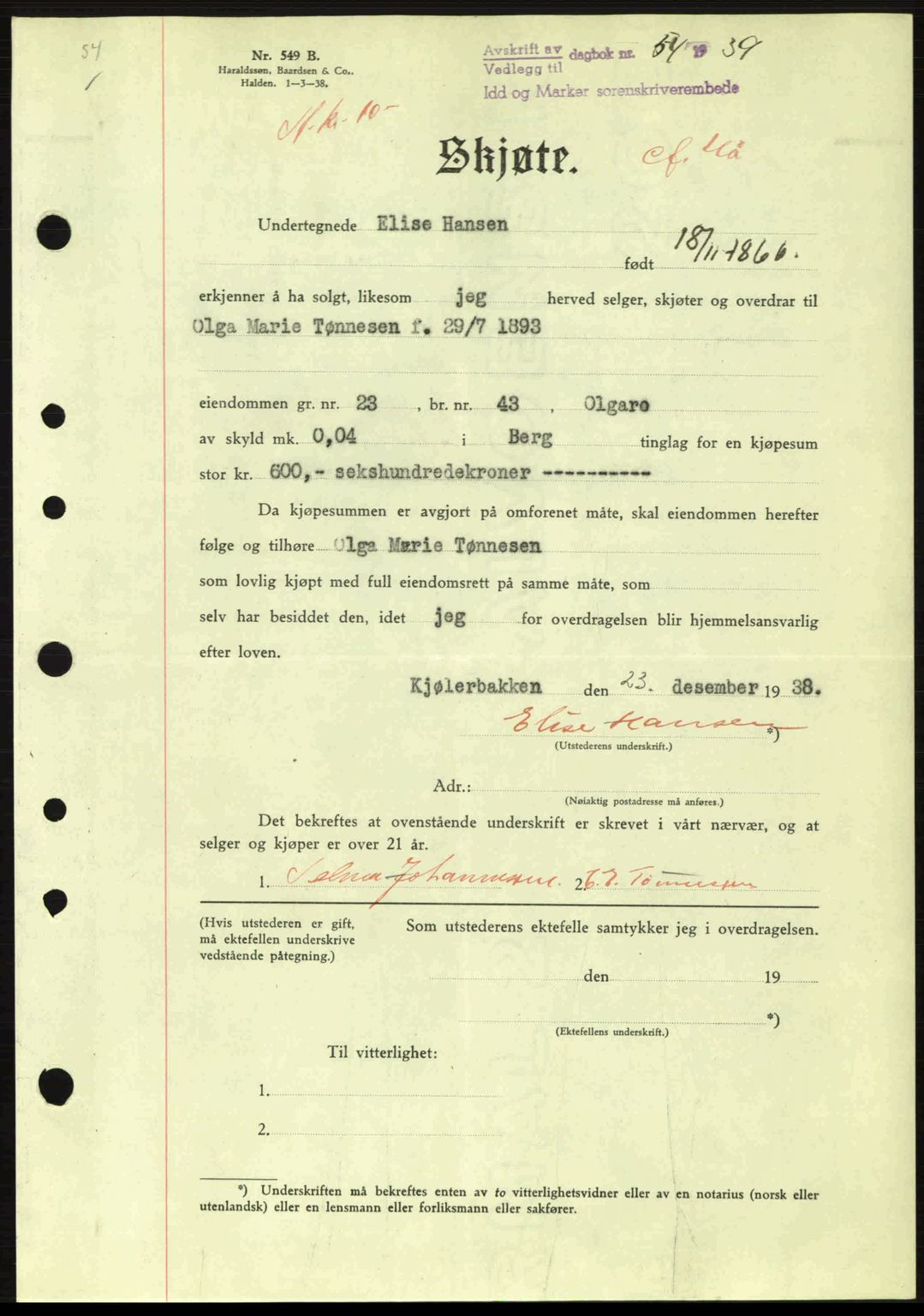 Idd og Marker sorenskriveri, AV/SAO-A-10283/G/Gb/Gbb/L0003: Pantebok nr. A3, 1938-1939, Dagboknr: 54/1939