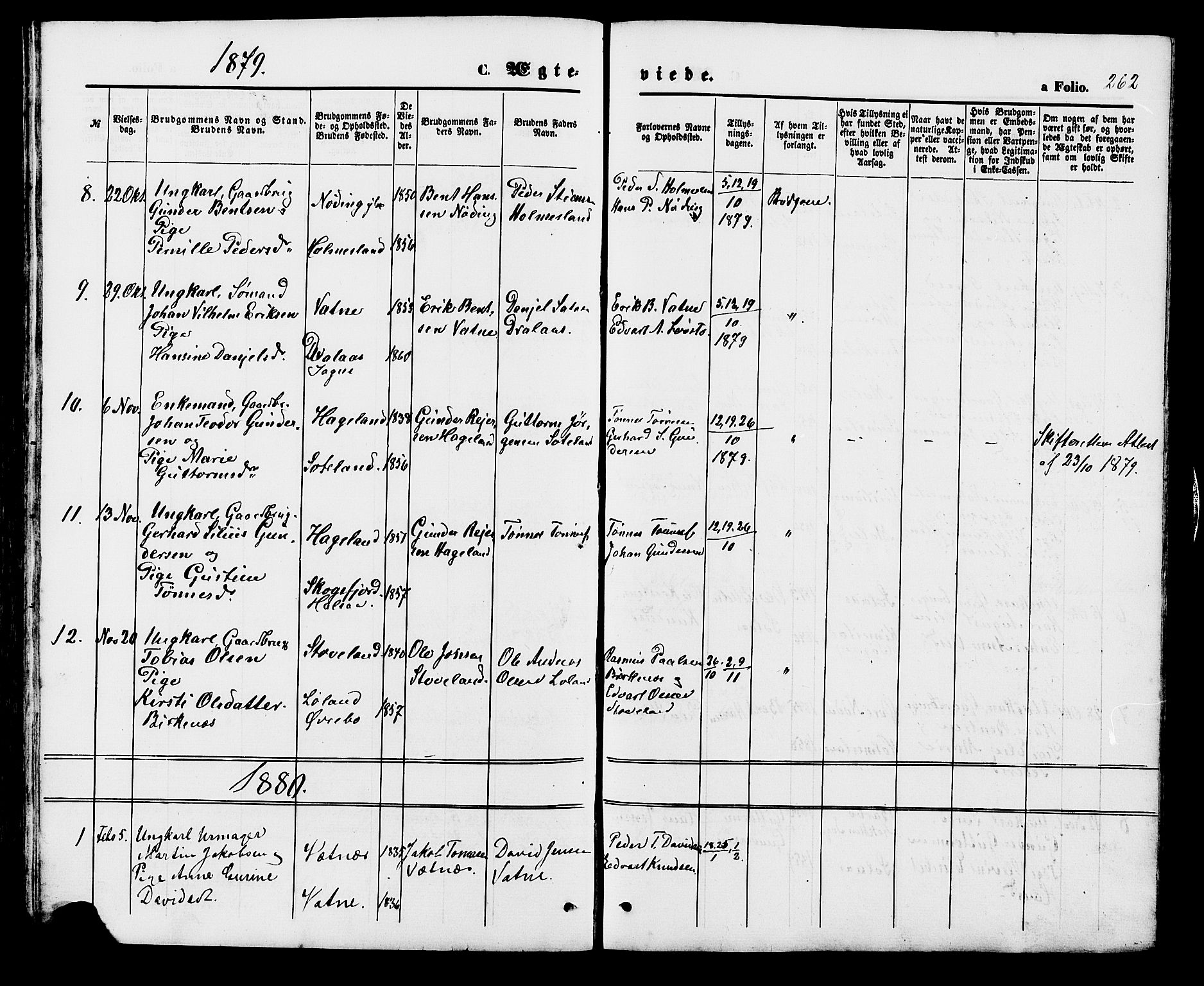 Holum sokneprestkontor, AV/SAK-1111-0022/F/Fb/Fba/L0004: Klokkerbok nr. B 4, 1867-1890, s. 262
