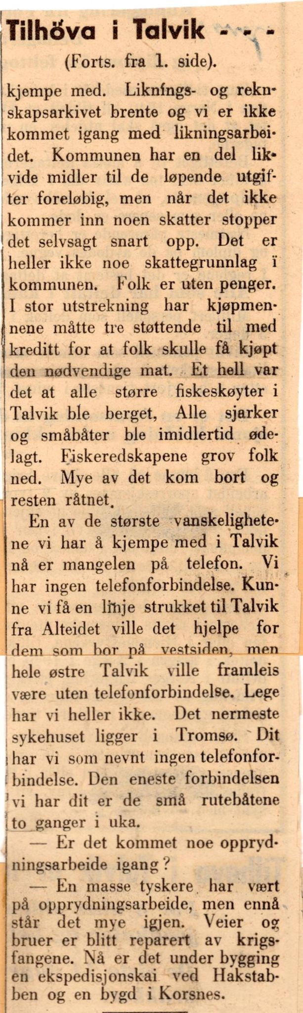 Finnmarkskontorets presse- og opplysningsarkiv , FMFB/A-1198/E/L0009/0021: 7. Opplysninger om herreder / kommuner i Nord-Troms og Finnmark / Talvik