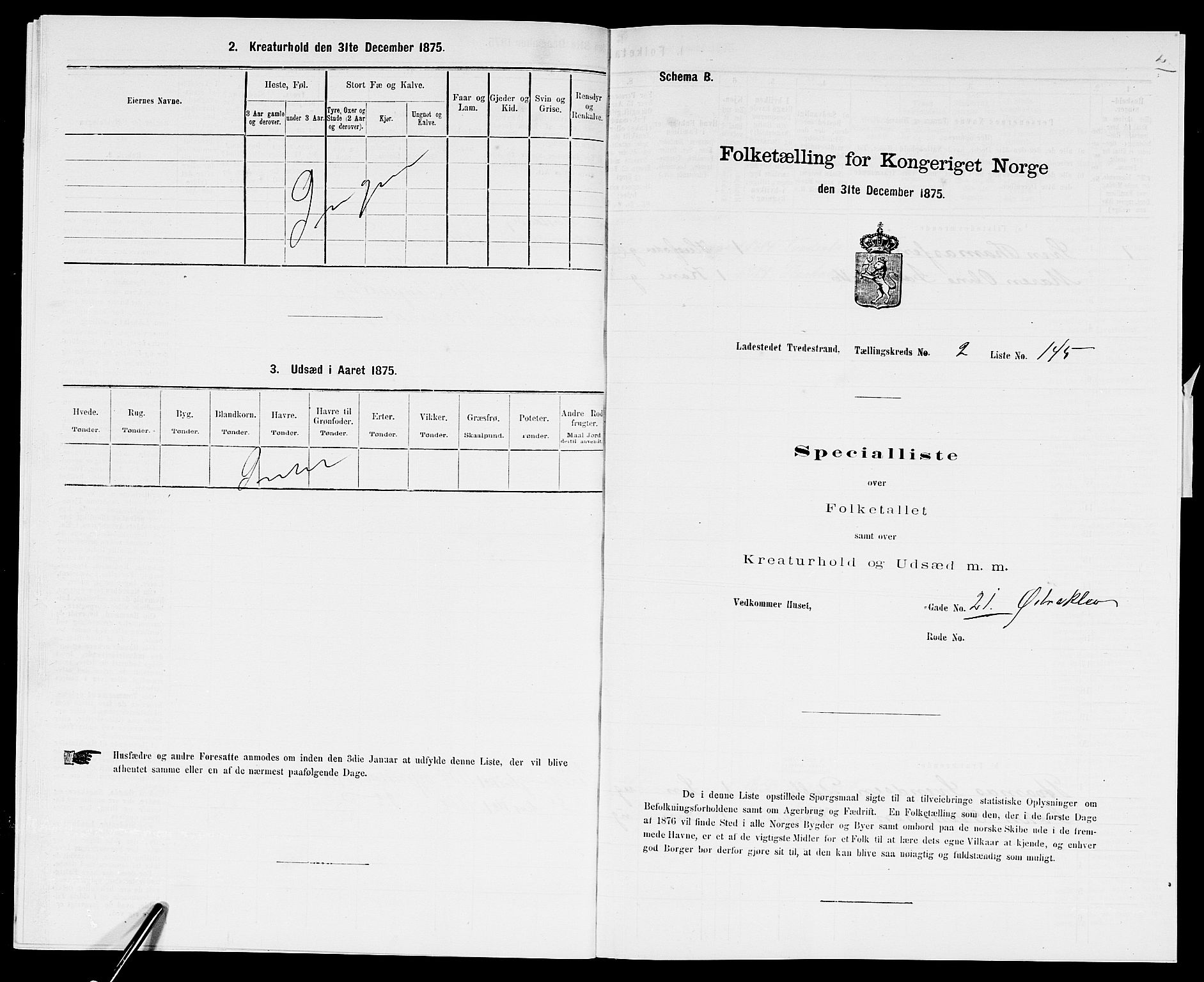 SAK, Folketelling 1875 for 0902B Holt prestegjeld, Tvedestrand ladested, 1875, s. 311