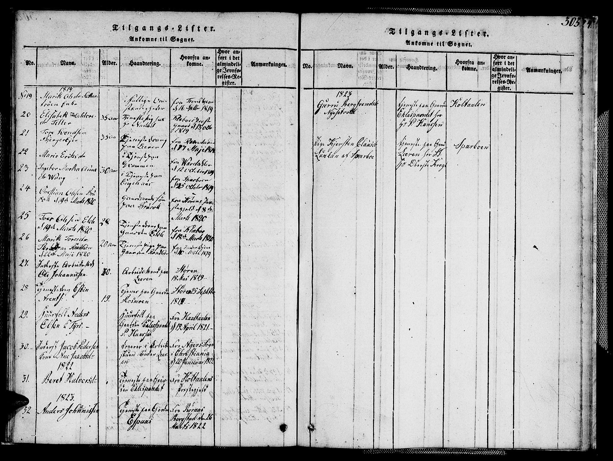 Ministerialprotokoller, klokkerbøker og fødselsregistre - Sør-Trøndelag, AV/SAT-A-1456/608/L0336: Klokkerbok nr. 608C02, 1817-1827, s. 303