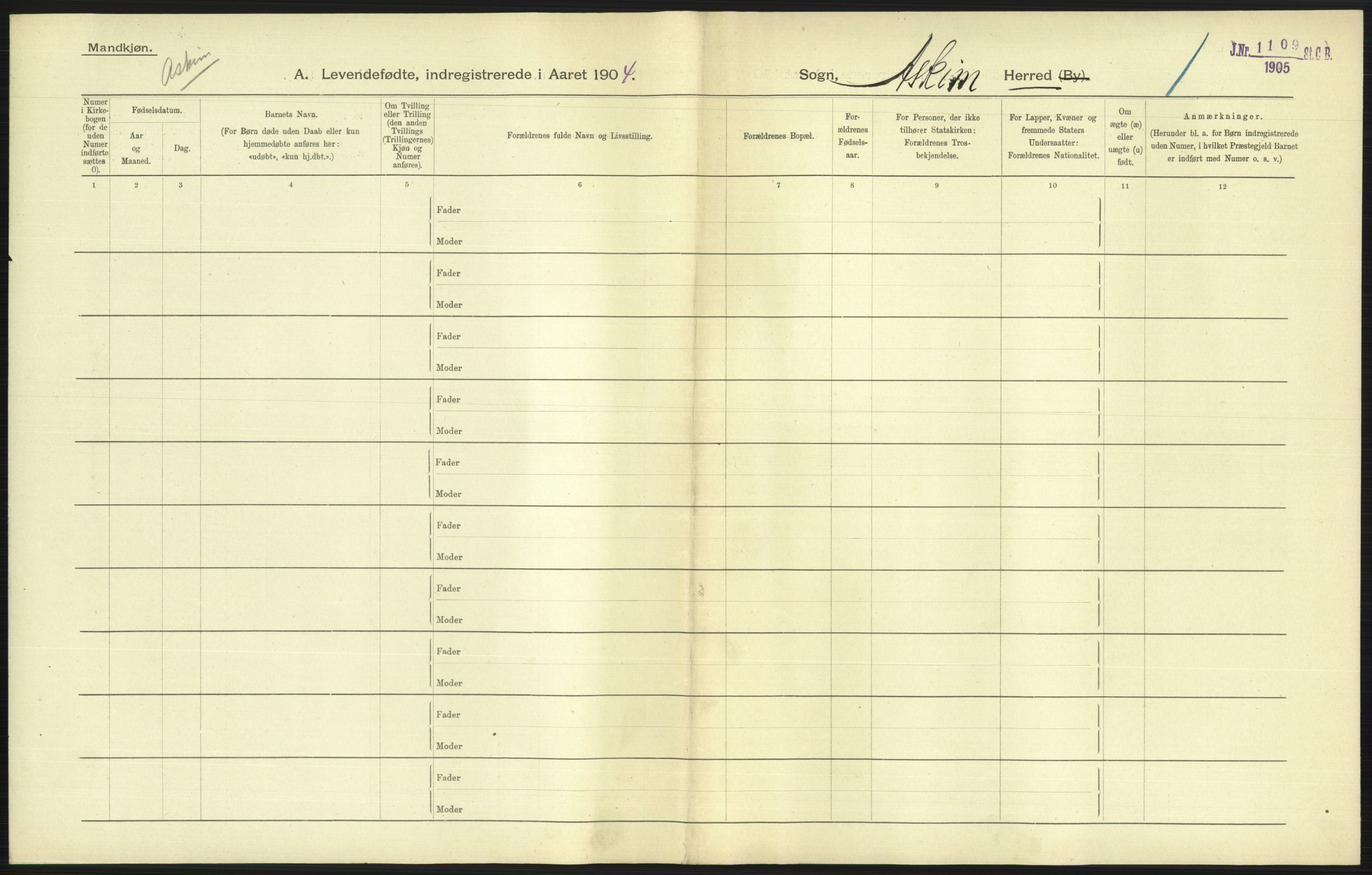 Statistisk sentralbyrå, Sosiodemografiske emner, Befolkning, AV/RA-S-2228/D/Df/Dfa/Dfab/L0001: Smålenenes amt: Fødte, gifte, døde, 1904, s. 199