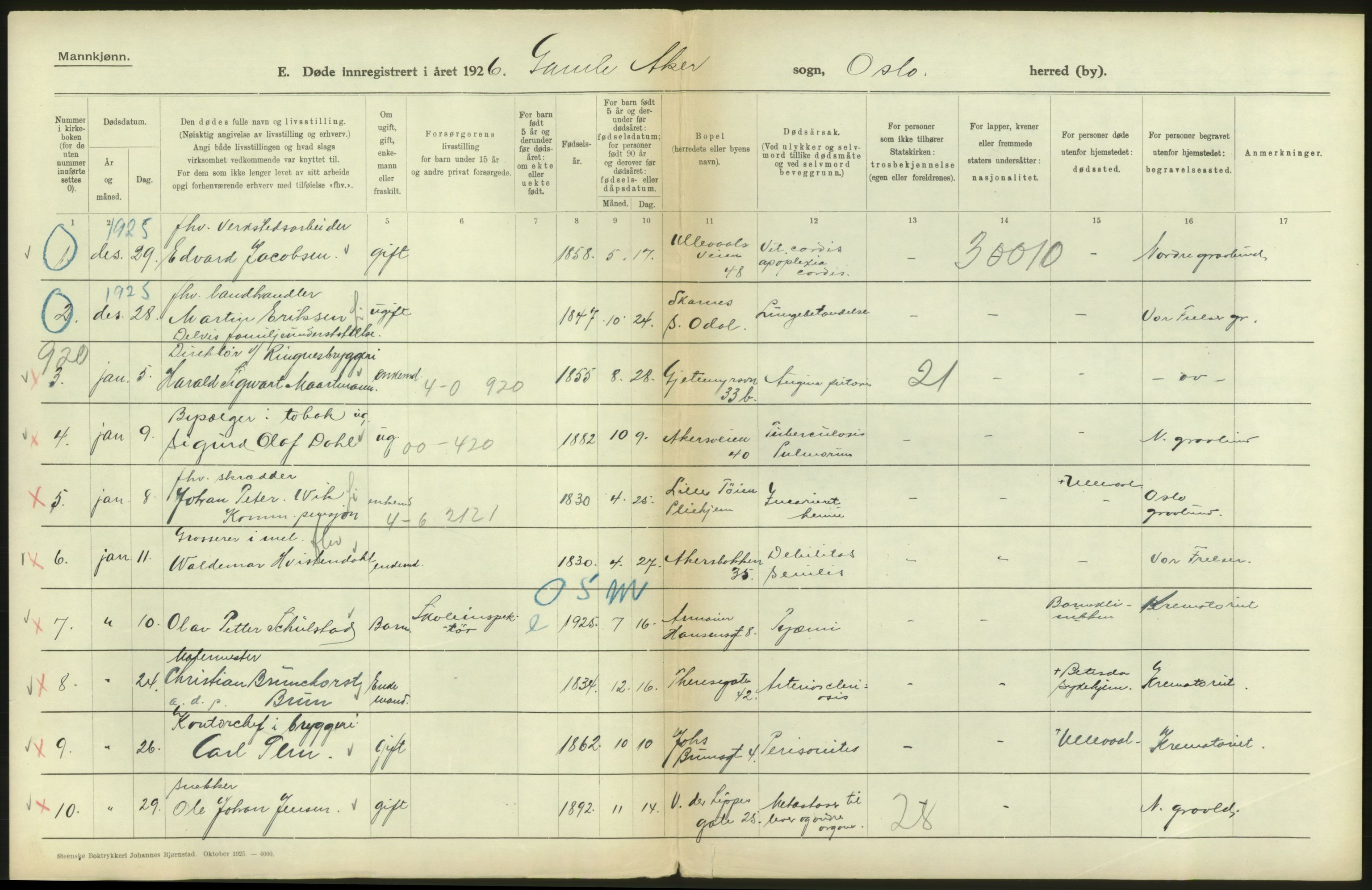 Statistisk sentralbyrå, Sosiodemografiske emner, Befolkning, AV/RA-S-2228/D/Df/Dfc/Dfcf/L0009: Oslo: Døde menn, 1926, s. 186