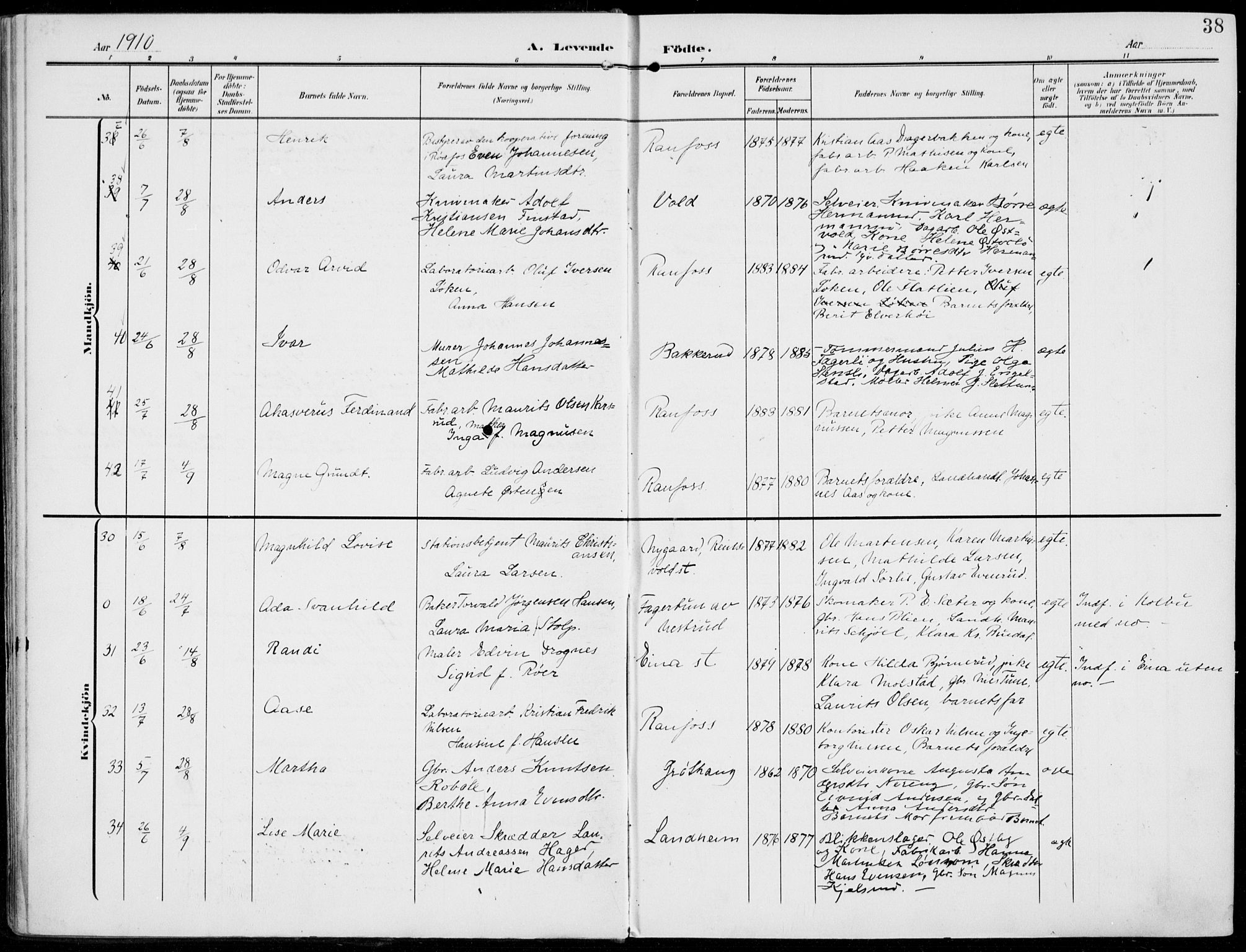 Vestre Toten prestekontor, SAH/PREST-108/H/Ha/Haa/L0014: Ministerialbok nr. 14, 1907-1920, s. 38