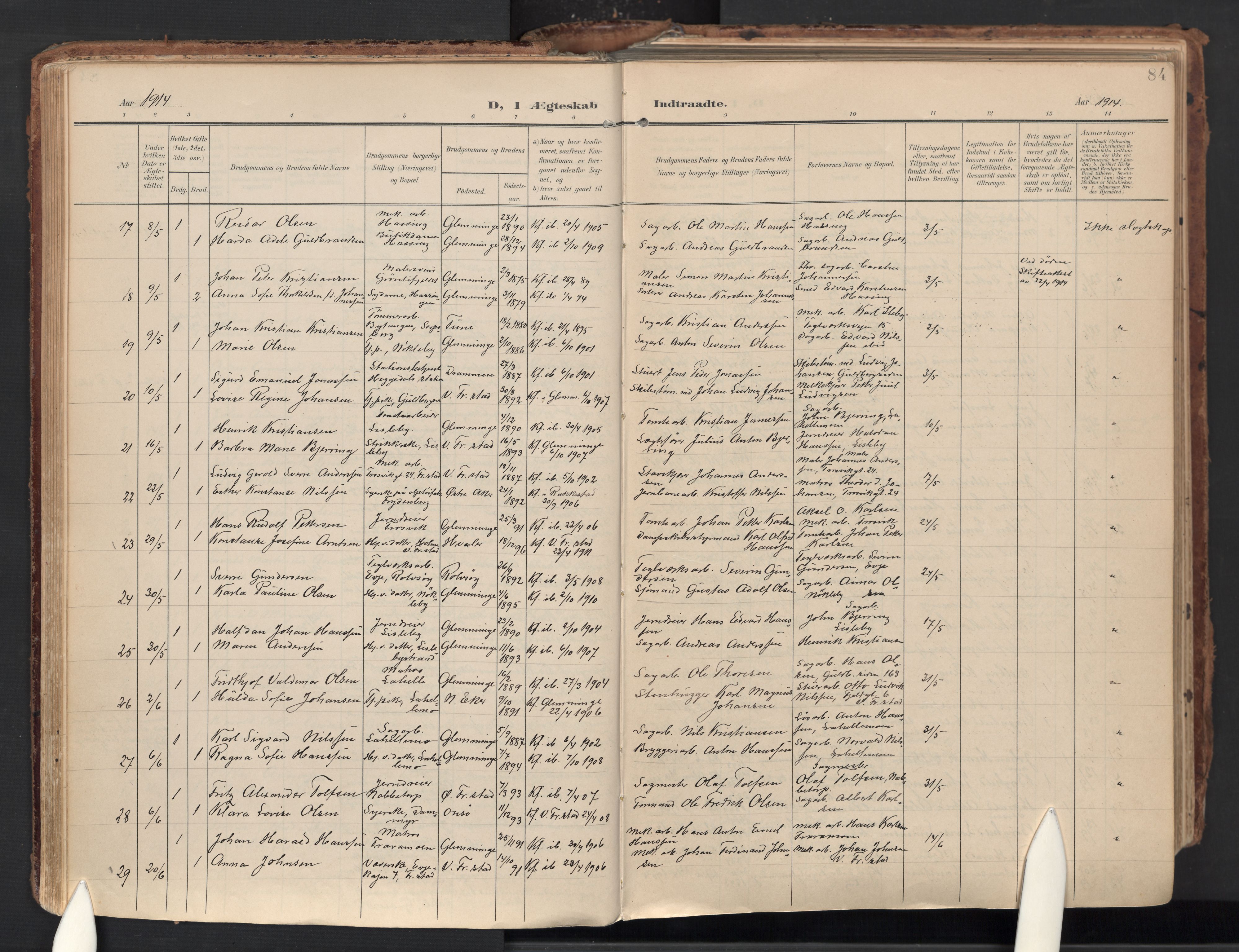 Glemmen prestekontor Kirkebøker, AV/SAO-A-10908/F/Fa/L0016: Ministerialbok nr. 16, 1903-1937, s. 84