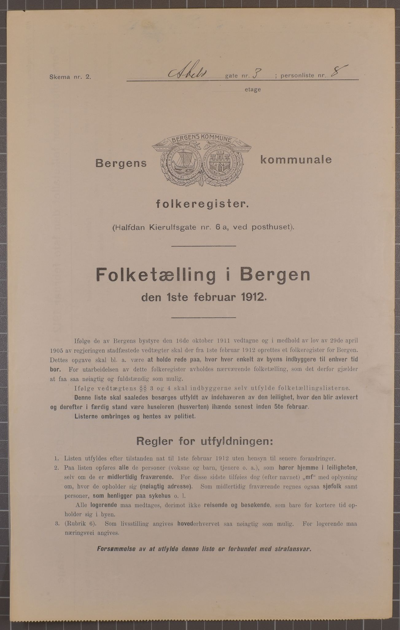 SAB, Kommunal folketelling 1912 for Bergen kjøpstad, 1912, s. 203