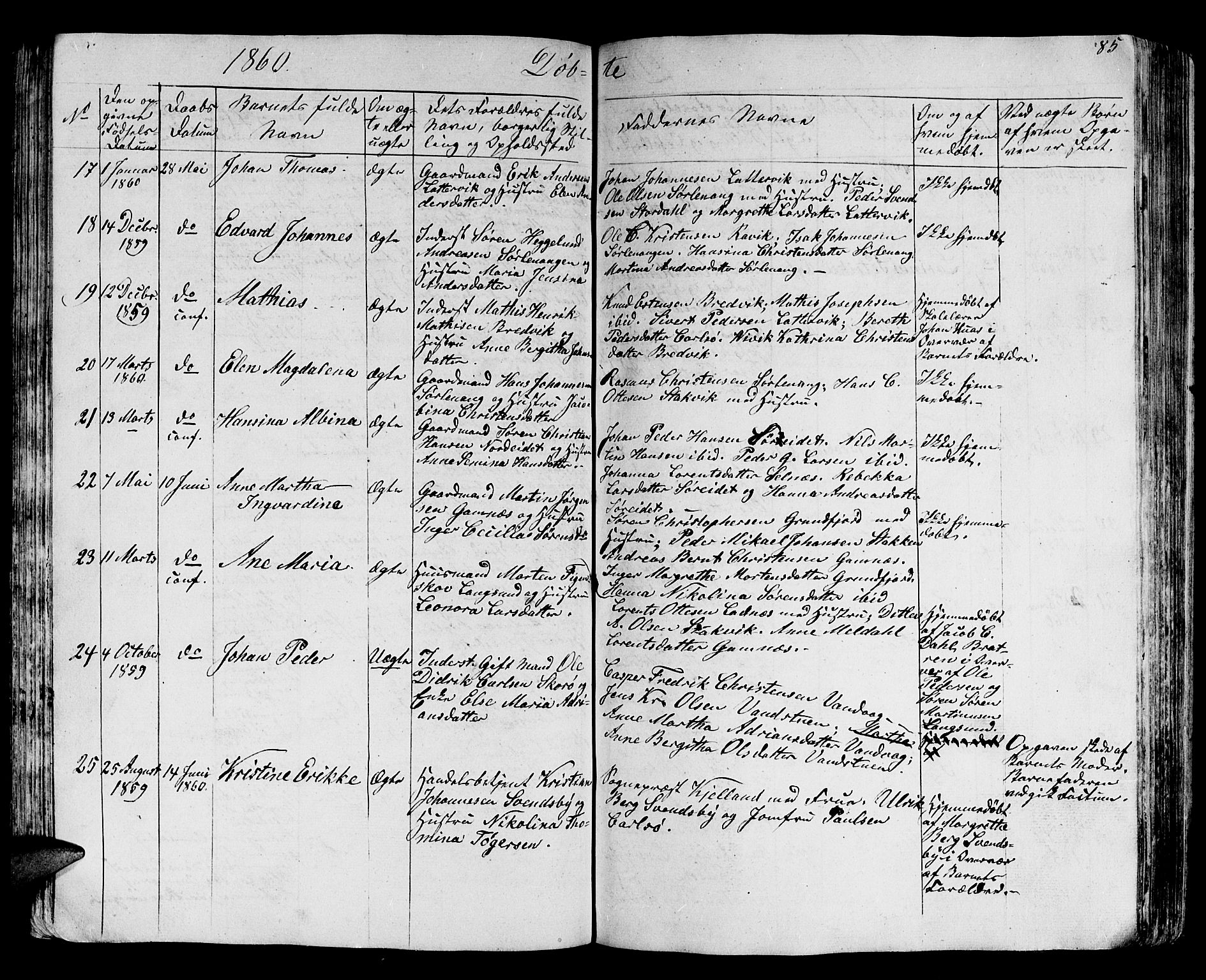 Karlsøy sokneprestembete, AV/SATØ-S-1299/H/Ha/Hab/L0002klokker: Klokkerbok nr. 2, 1843-1861, s. 85