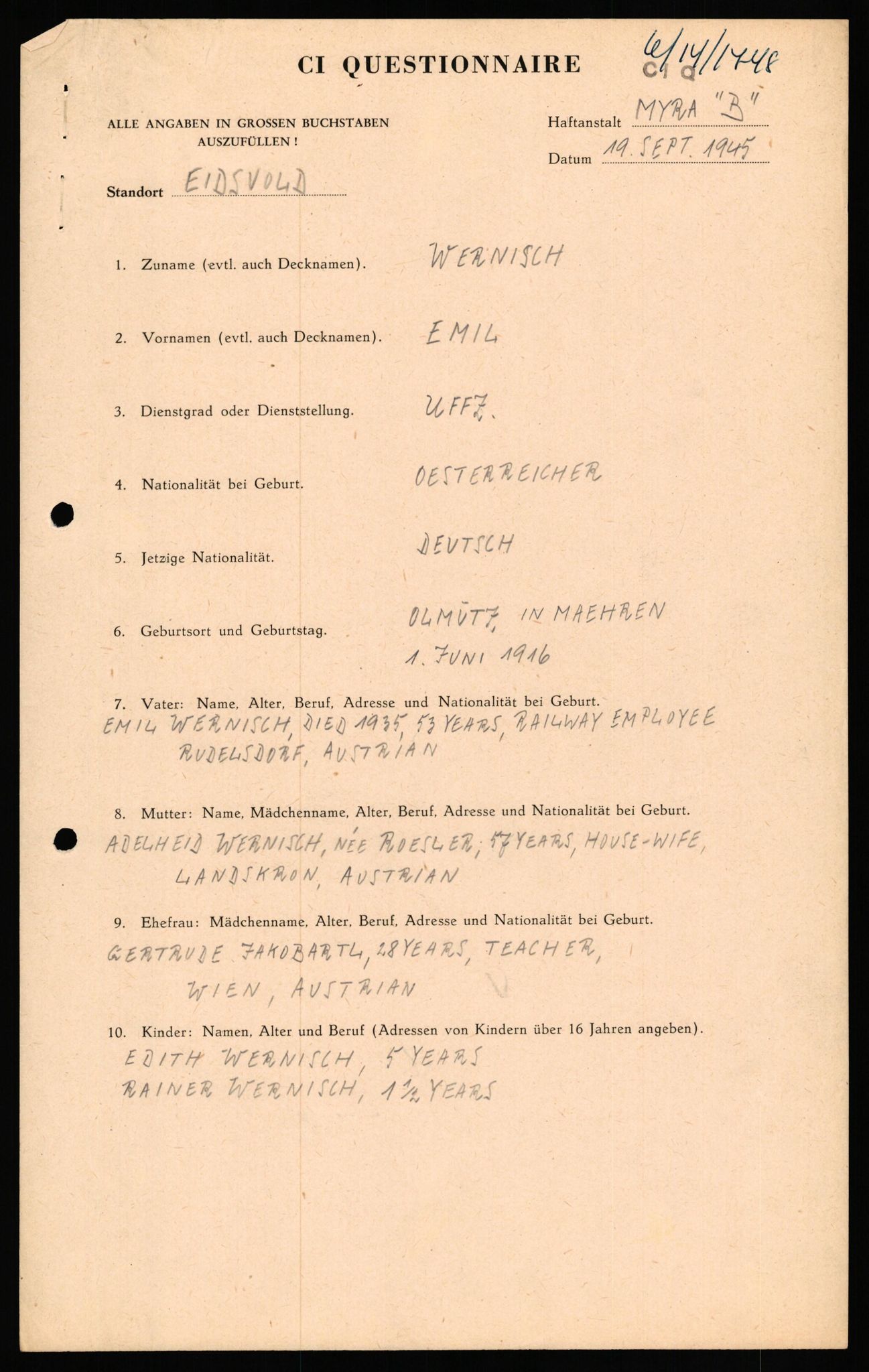 Forsvaret, Forsvarets overkommando II, AV/RA-RAFA-3915/D/Db/L0035: CI Questionaires. Tyske okkupasjonsstyrker i Norge. Tyskere., 1945-1946, s. 418