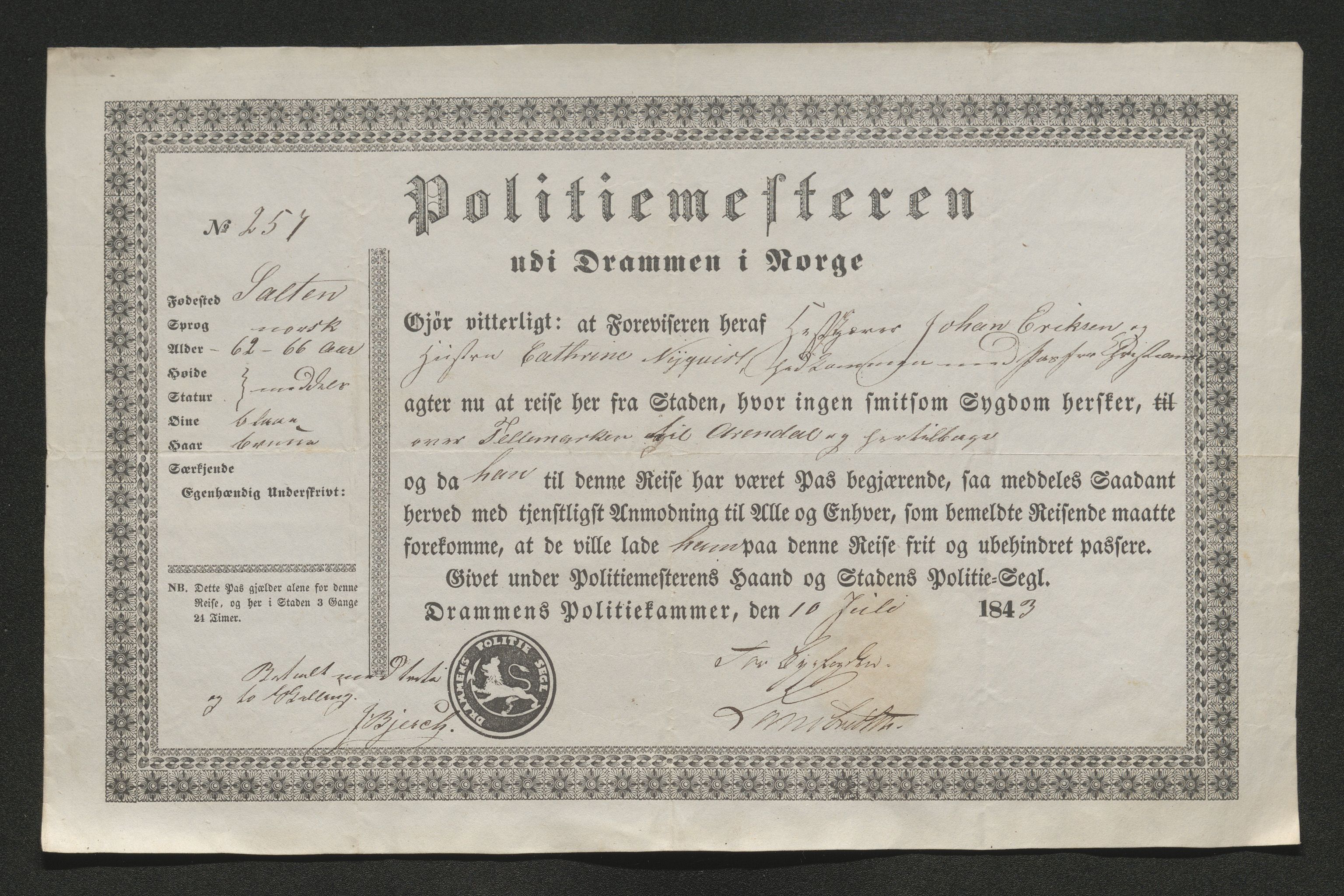 Drammen politikammer, SAKO/A-623/I/Ia/Iab/L0007: Innleverte pass, 1843-1844, s. 283