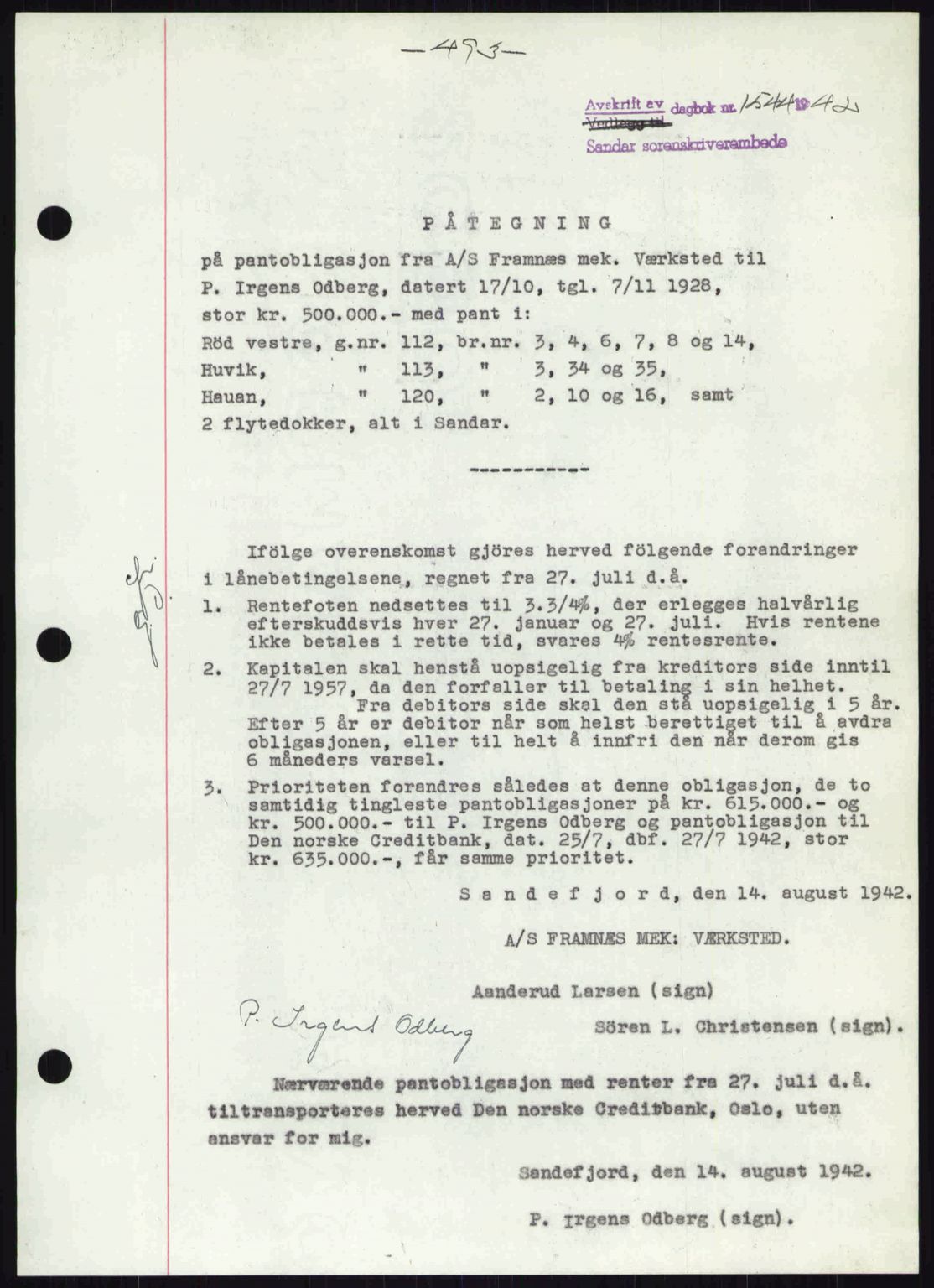 Sandar sorenskriveri, SAKO/A-86/G/Ga/Gab/L0001: Pantebok nr. B-1 og B-3 - B-9, 1936-1944, Dagboknr: 1544/1942