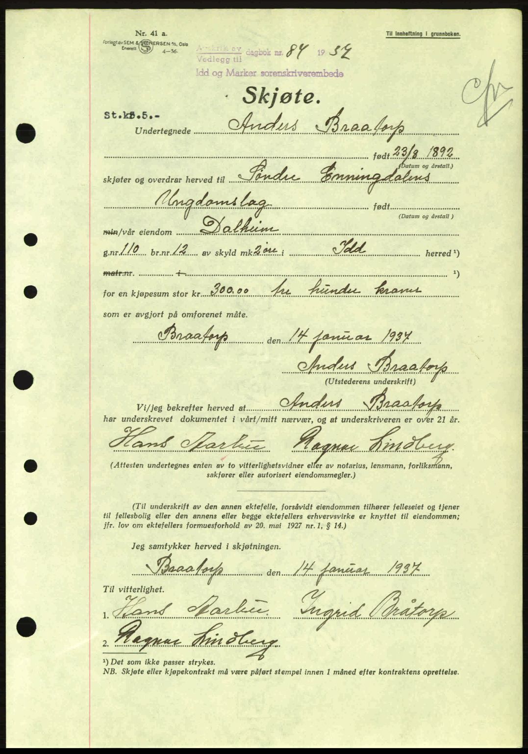Idd og Marker sorenskriveri, AV/SAO-A-10283/G/Gb/Gbb/L0001: Pantebok nr. A1, 1936-1937, Dagboknr: 84/1937