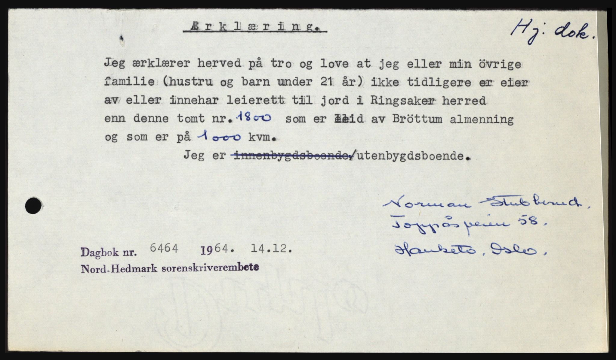 Nord-Hedmark sorenskriveri, SAH/TING-012/H/Hc/L0021: Pantebok nr. 21, 1964-1965, Dagboknr: 6464/1964