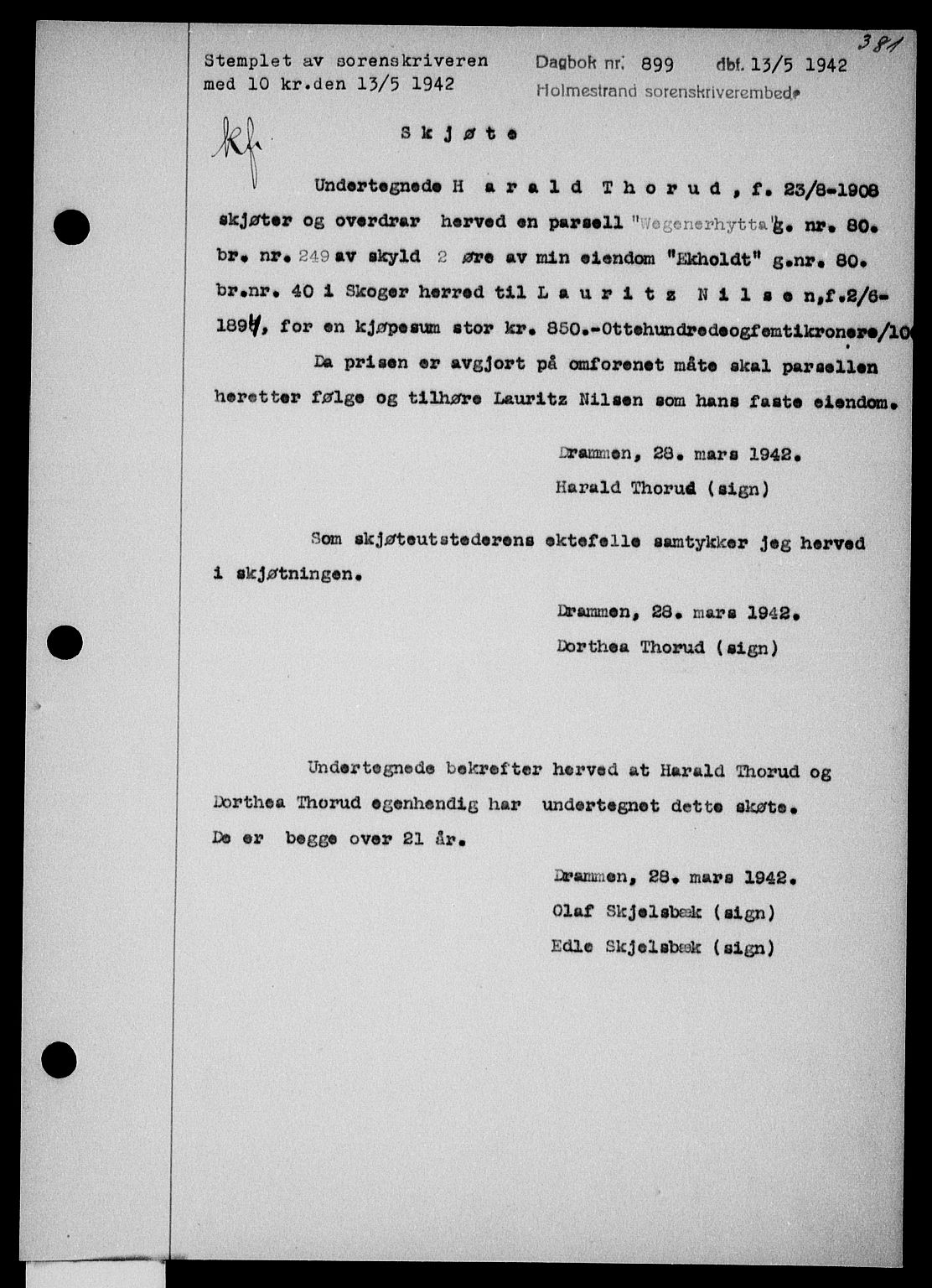 Holmestrand sorenskriveri, SAKO/A-67/G/Ga/Gaa/L0055: Pantebok nr. A-55, 1942-1942, Dagboknr: 899/1942