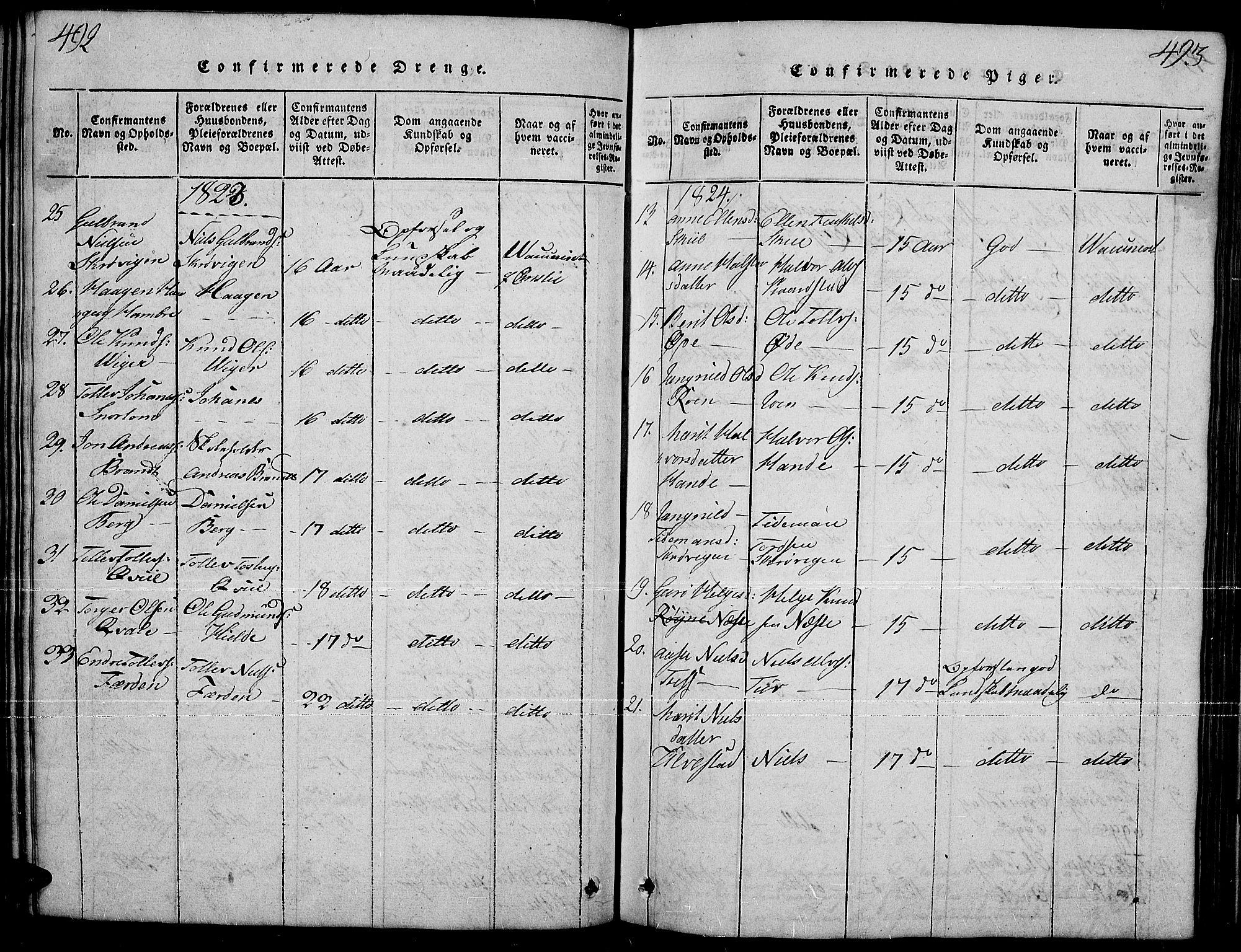 Slidre prestekontor, AV/SAH-PREST-134/H/Ha/Hab/L0001: Klokkerbok nr. 1, 1814-1838, s. 492-493