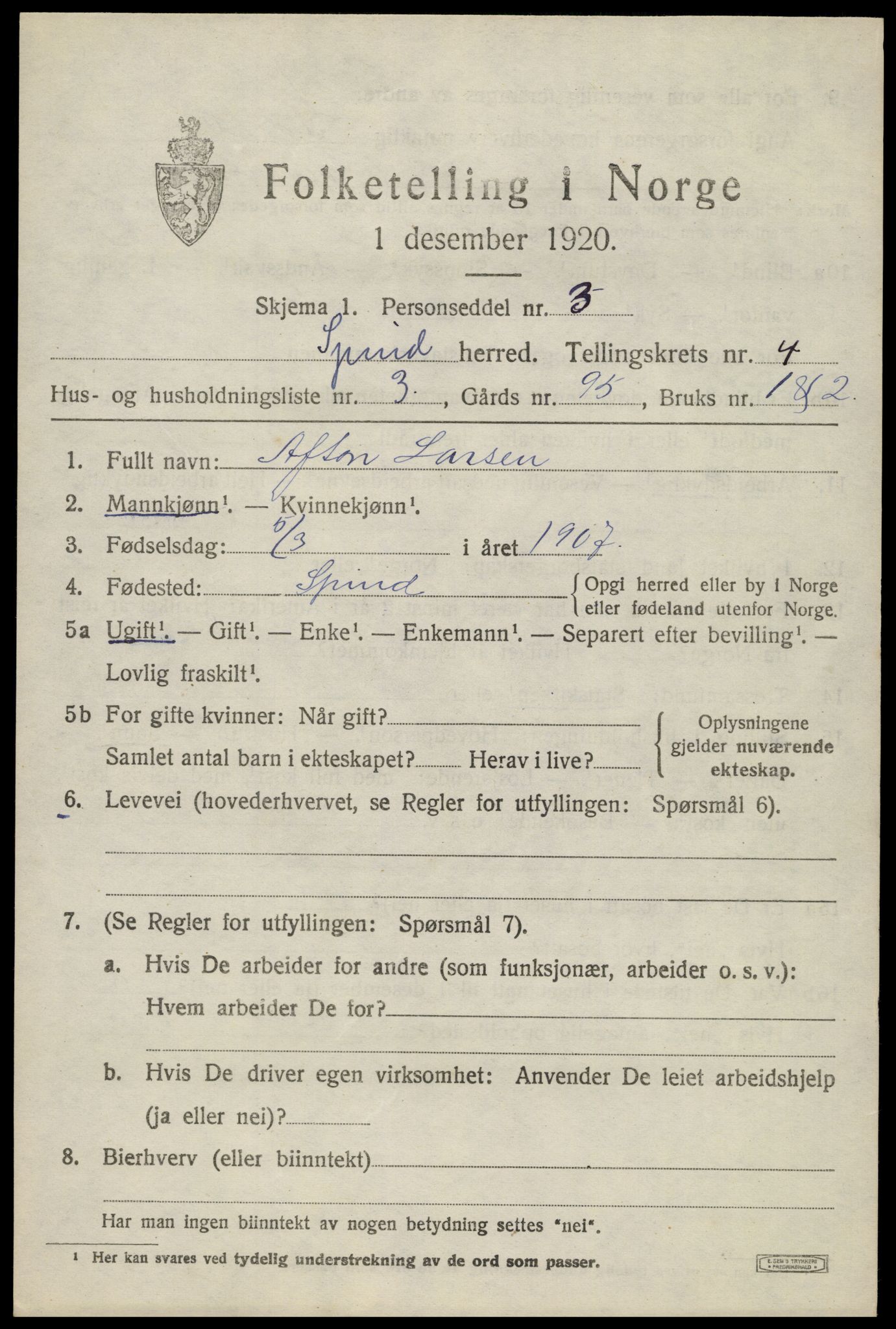 SAK, Folketelling 1920 for 1040 Spind herred, 1920, s. 2203