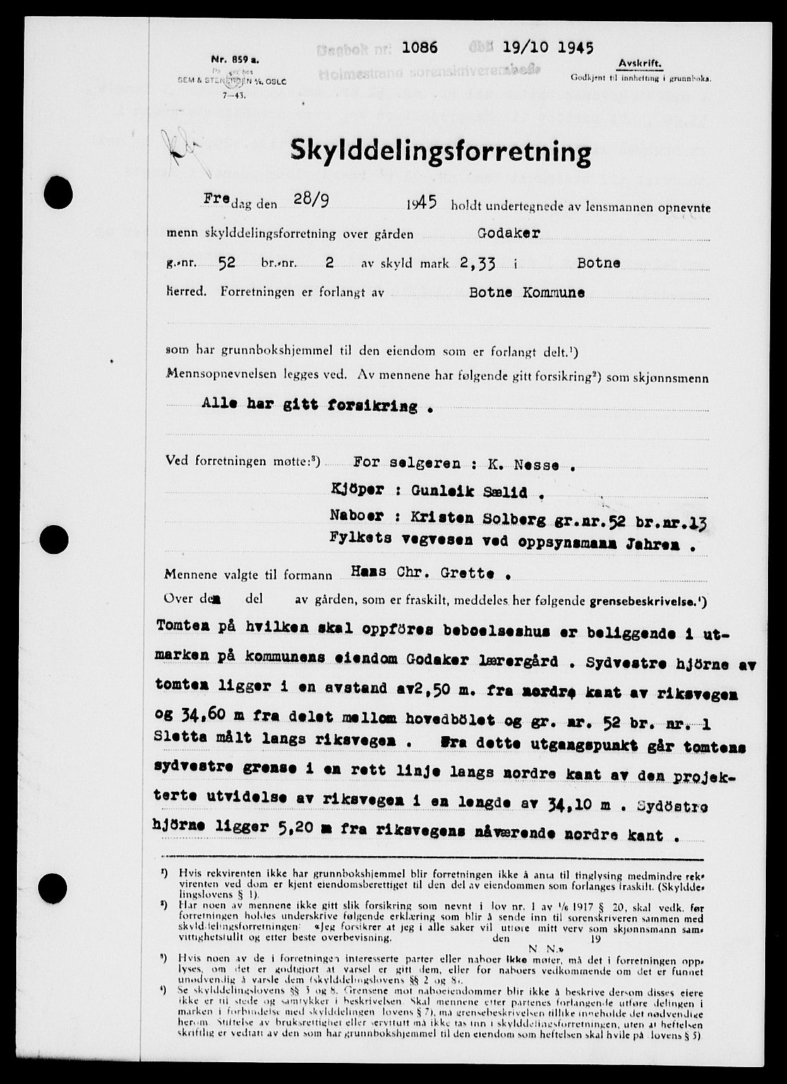 Holmestrand sorenskriveri, SAKO/A-67/G/Ga/Gaa/L0059: Pantebok nr. A-59, 1945-1946, Dagboknr: 1086/1945