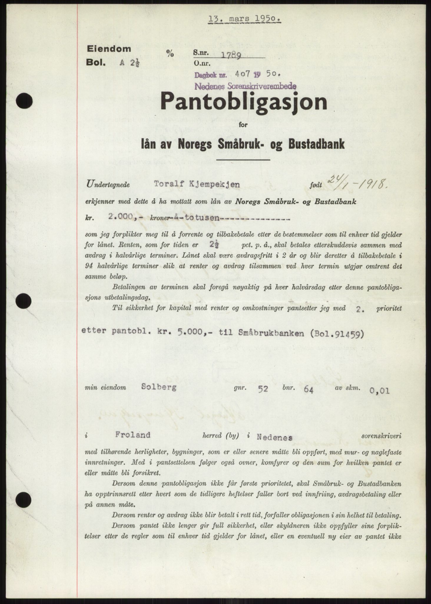 Nedenes sorenskriveri, SAK/1221-0006/G/Gb/Gbb/L0007: Pantebok nr. B7, 1949-1950, Dagboknr: 407/1950