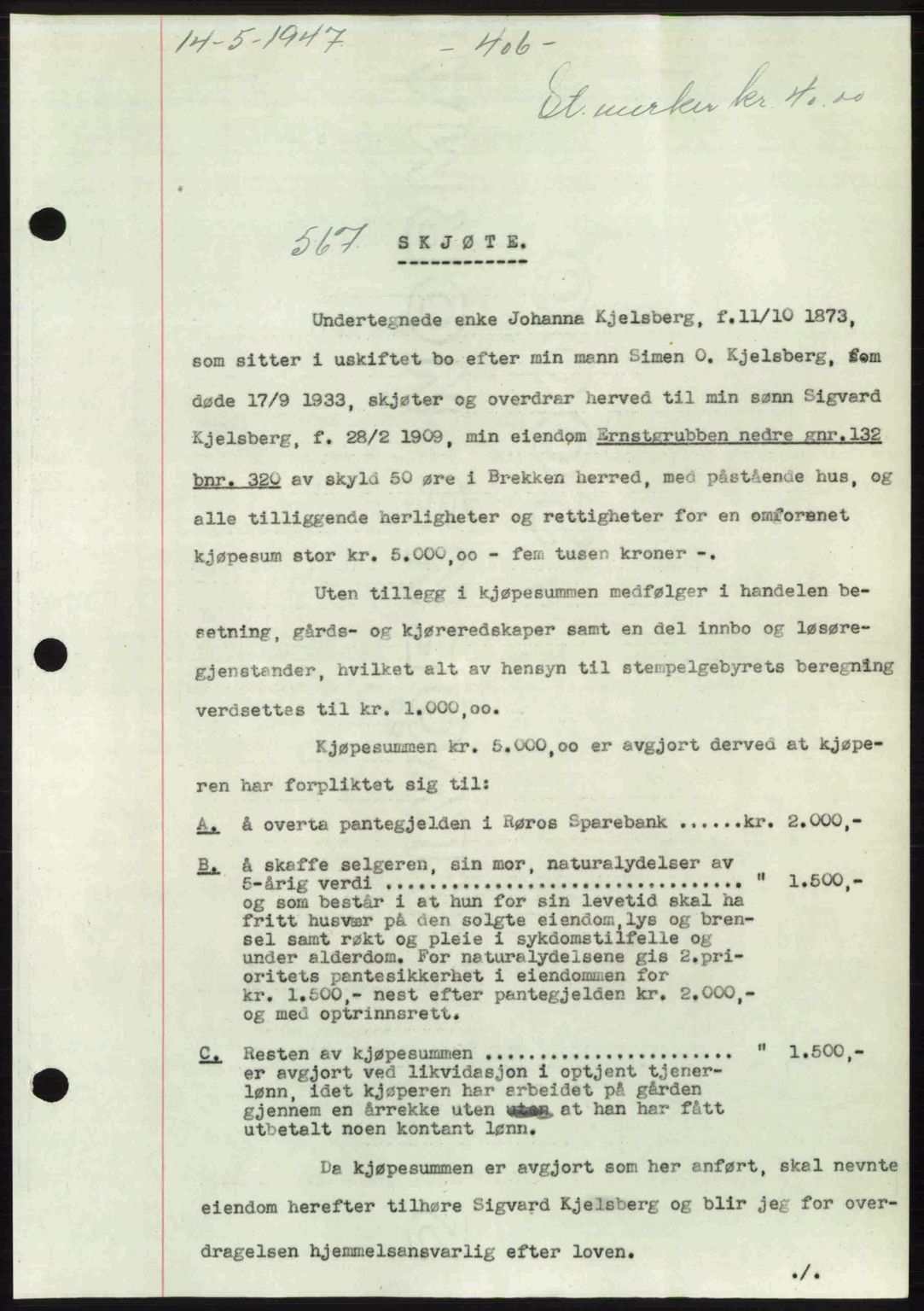 Gauldal sorenskriveri, SAT/A-0014/1/2/2C: Pantebok nr. A3, 1947-1947, Dagboknr: 567/1947