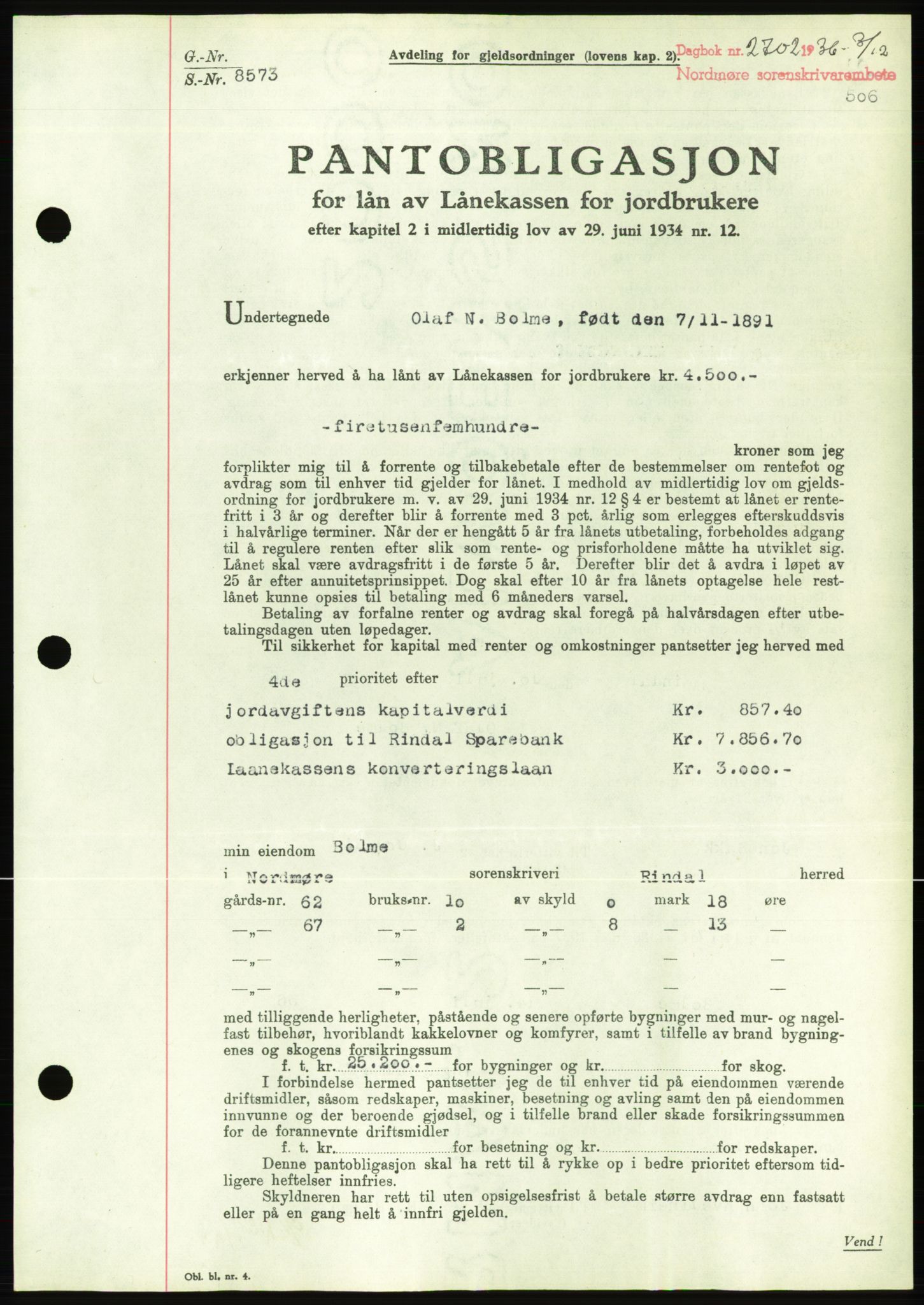 Nordmøre sorenskriveri, AV/SAT-A-4132/1/2/2Ca/L0090: Pantebok nr. B80, 1936-1937, Dagboknr: 2702/1936