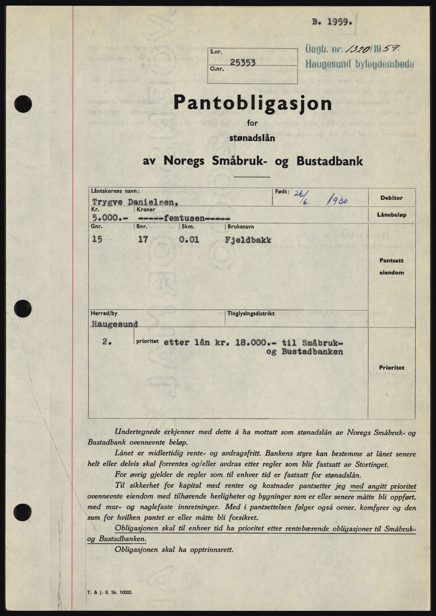 Haugesund tingrett, SAST/A-101415/01/II/IIC/L0045: Pantebok nr. B 45, 1959-1959, Dagboknr: 1320/1959