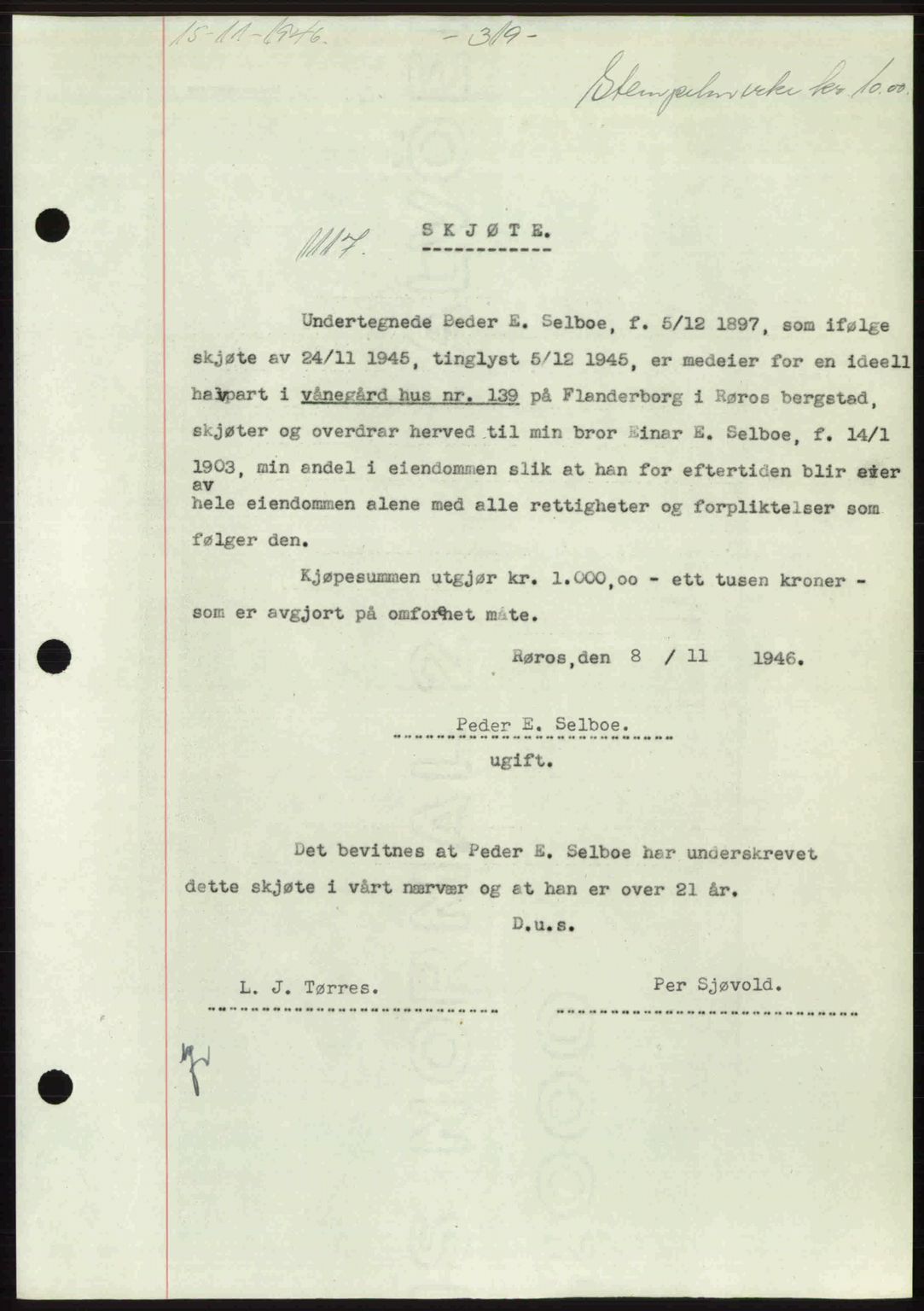 Gauldal sorenskriveri, SAT/A-0014/1/2/2C: Pantebok nr. A2, 1946-1946, Dagboknr: 1117/1946