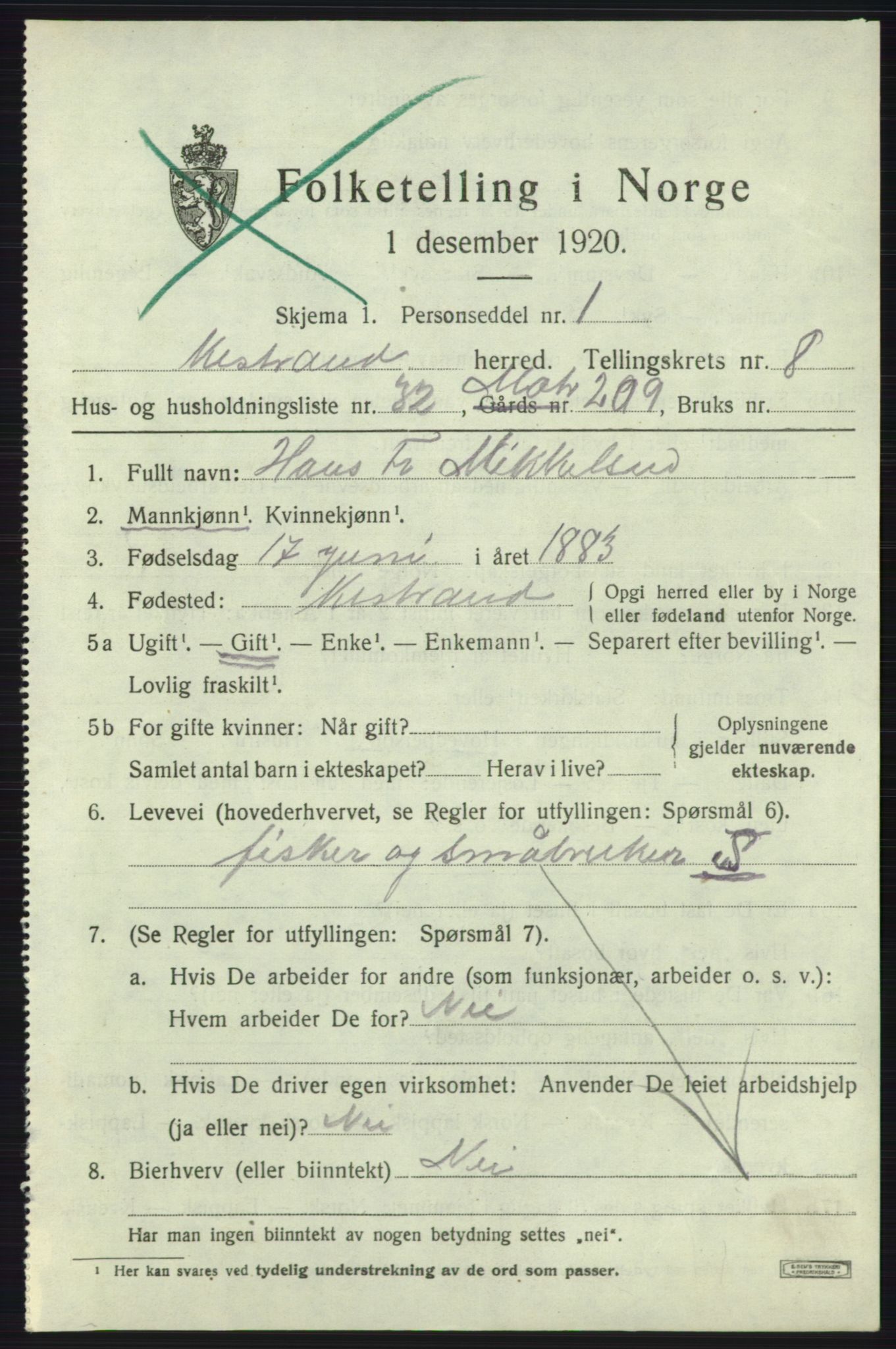 SATØ, Folketelling 1920 for 2020 Kistrand herred, 1920, s. 5106