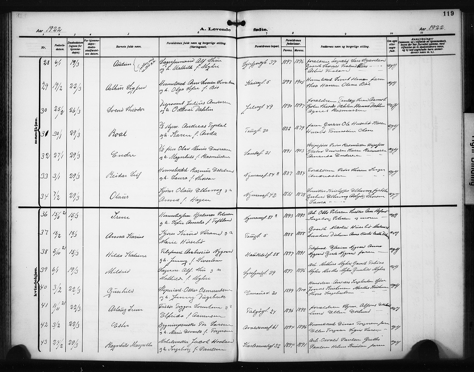 St. Johannes sokneprestkontor, AV/SAST-A-101814/001/30/30BB/L0008: Klokkerbok nr. B 8, 1918-1929, s. 119