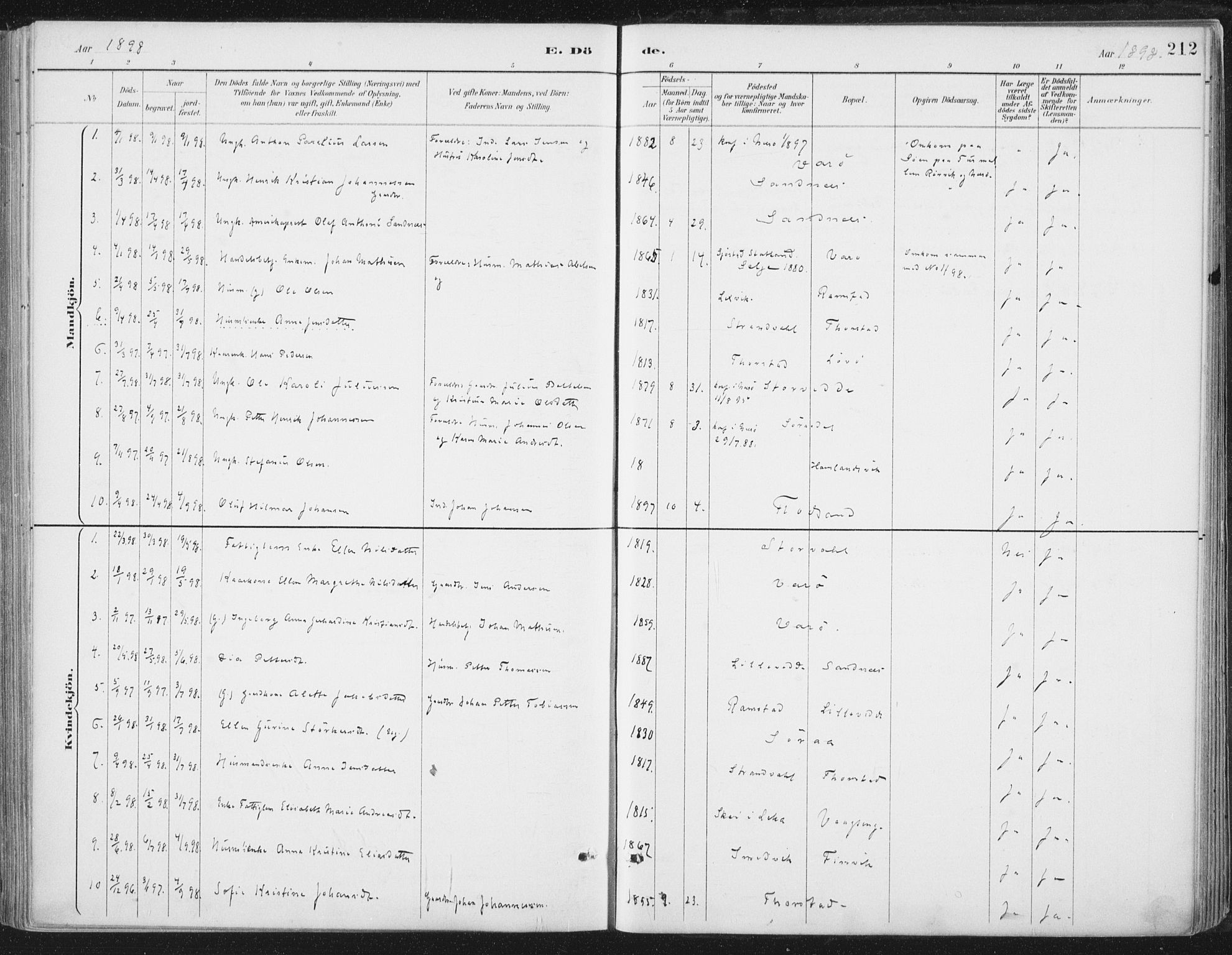 Ministerialprotokoller, klokkerbøker og fødselsregistre - Nord-Trøndelag, SAT/A-1458/784/L0673: Ministerialbok nr. 784A08, 1888-1899, s. 212