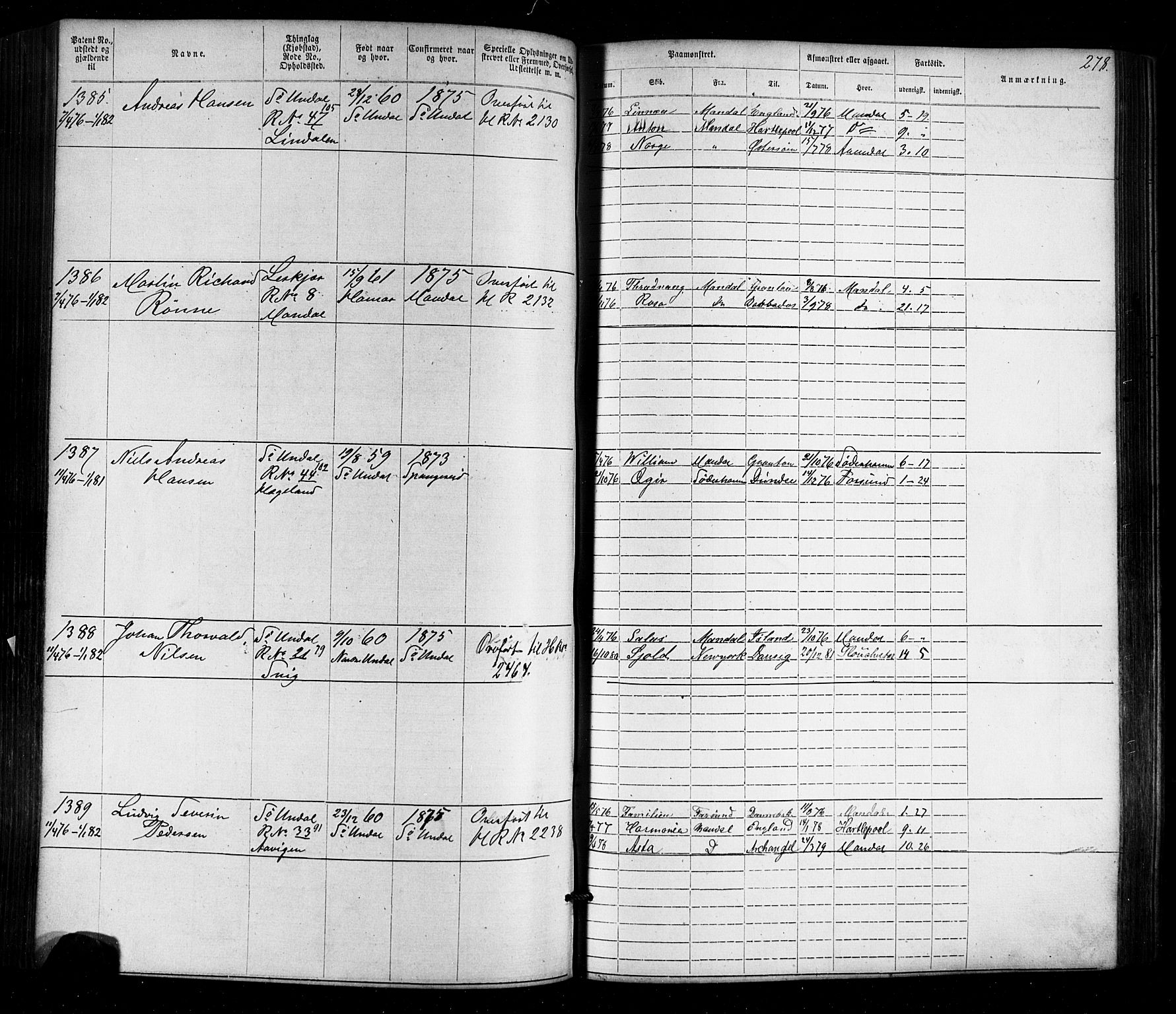 Mandal mønstringskrets, SAK/2031-0016/F/Fa/L0005: Annotasjonsrulle nr 1-1909 med register, Y-15, 1868-1880, s. 318