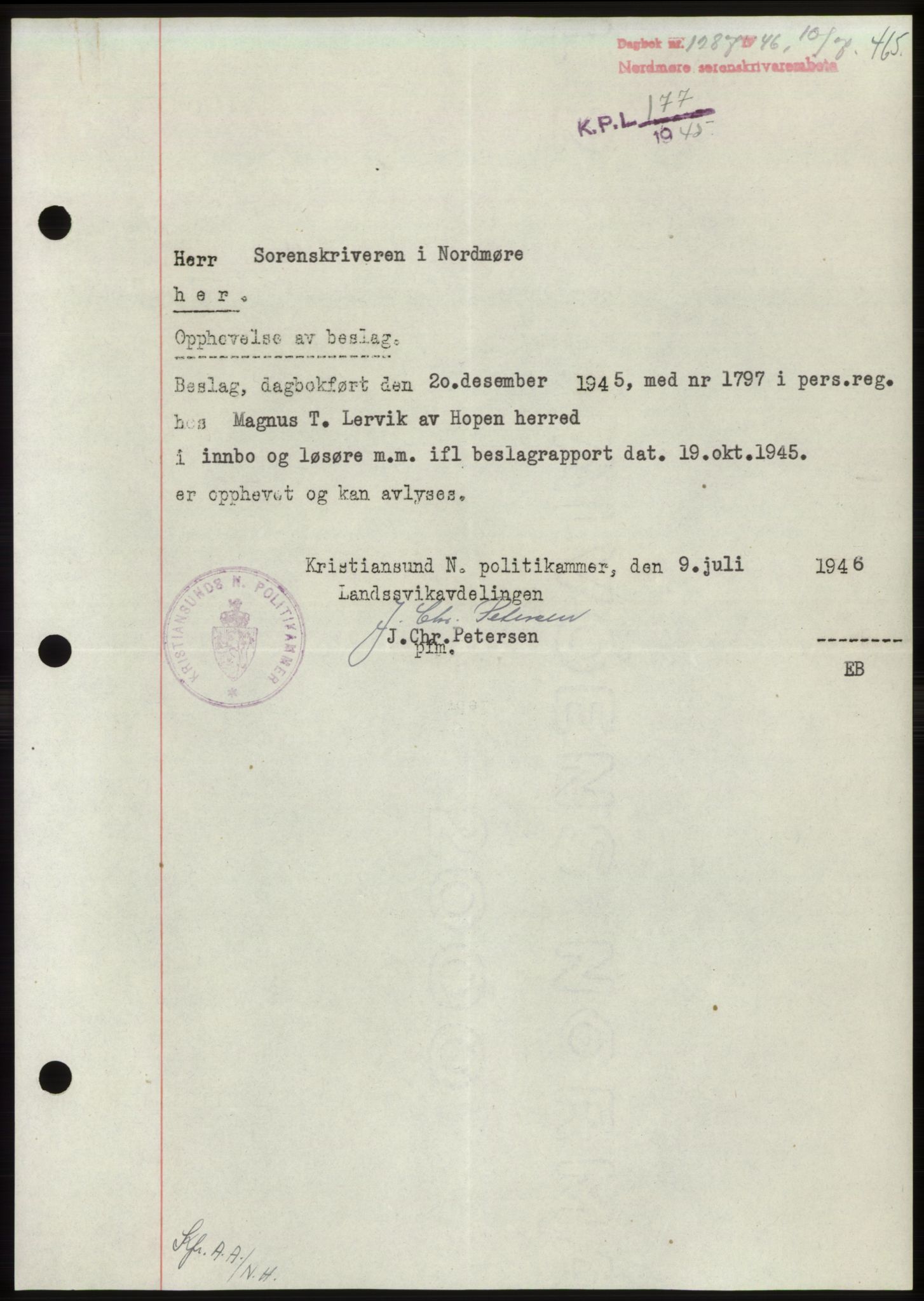 Nordmøre sorenskriveri, SAT/A-4132/1/2/2Ca: Pantebok nr. B94, 1946-1946, Dagboknr: 1287/1946