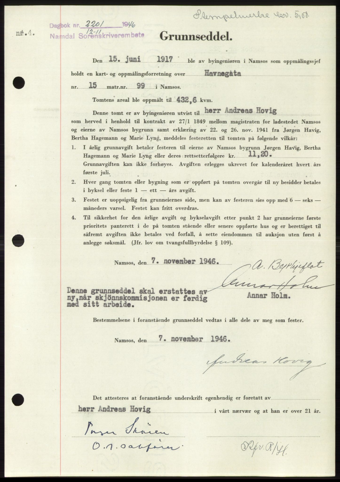 Namdal sorenskriveri, SAT/A-4133/1/2/2C: Pantebok nr. -, 1946-1947, Dagboknr: 2201/1946