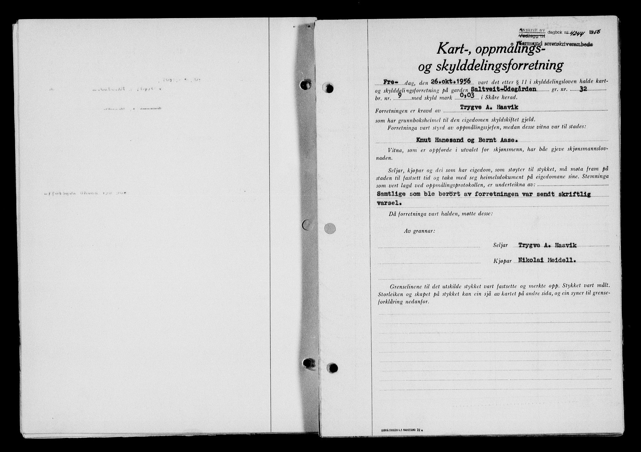 Karmsund sorenskriveri, SAST/A-100311/01/II/IIB/L0122: Pantebok nr. 102A, 1956-1956, Dagboknr: 4244/1956