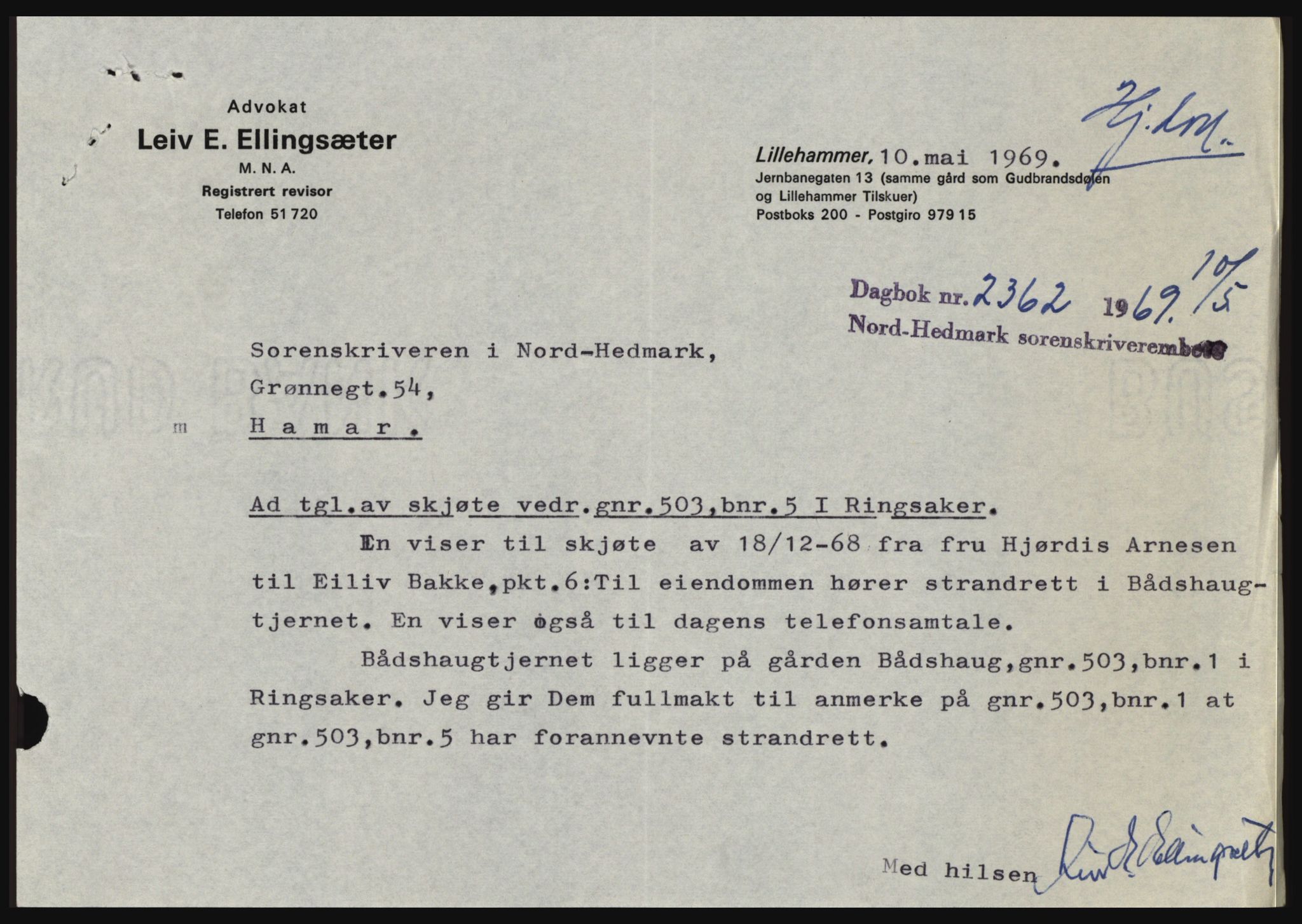 Nord-Hedmark sorenskriveri, SAH/TING-012/H/Hc/L0030: Pantebok nr. 30, 1969-1969, Dagboknr: 2362/1969