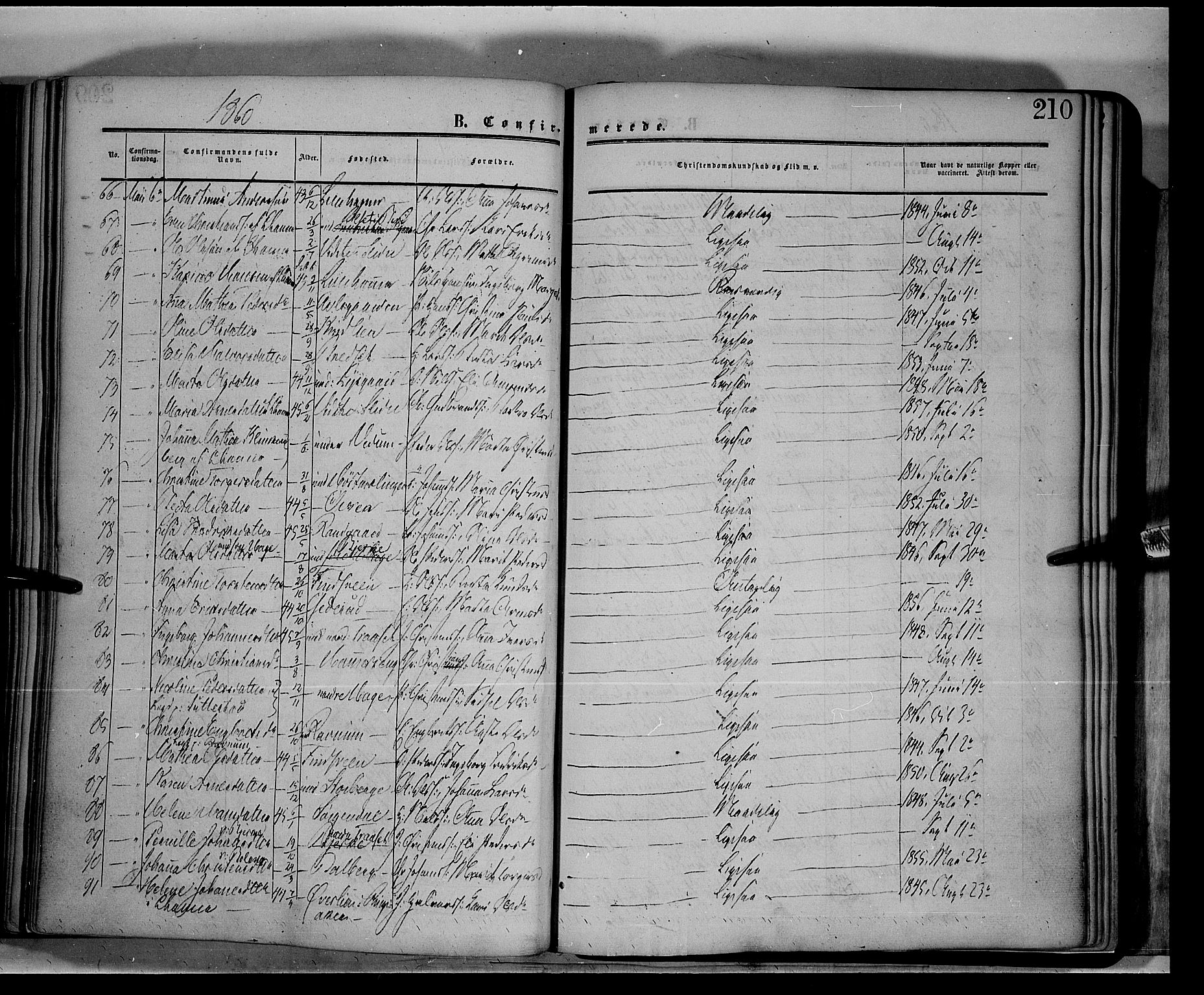 Fåberg prestekontor, AV/SAH-PREST-086/H/Ha/Haa/L0006: Ministerialbok nr. 6A, 1855-1867, s. 210