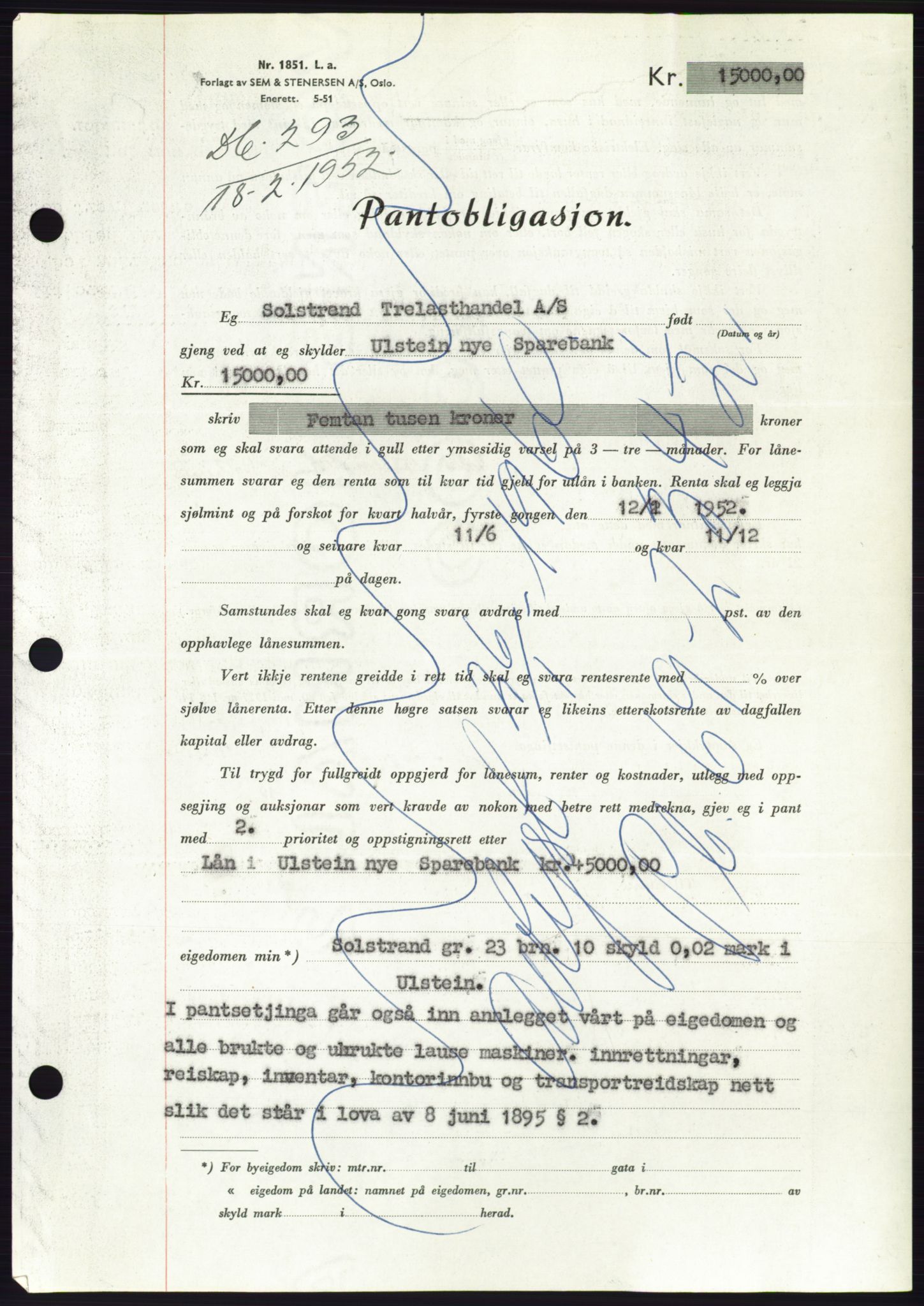 Søre Sunnmøre sorenskriveri, AV/SAT-A-4122/1/2/2C/L0121: Pantebok nr. 9B, 1951-1952, Dagboknr: 293/1952