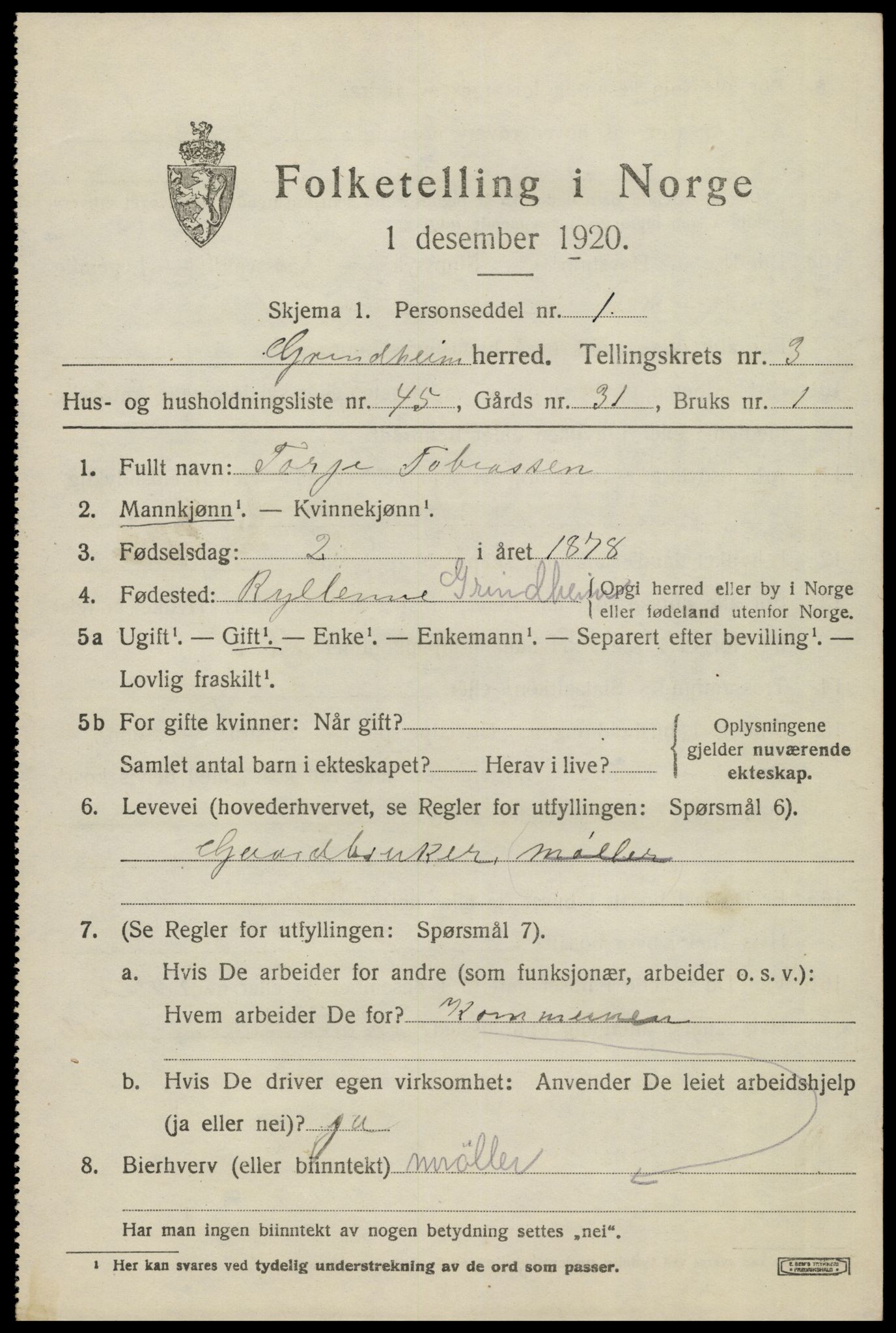 SAK, Folketelling 1920 for 1025 Grindheim herred, 1920, s. 1393