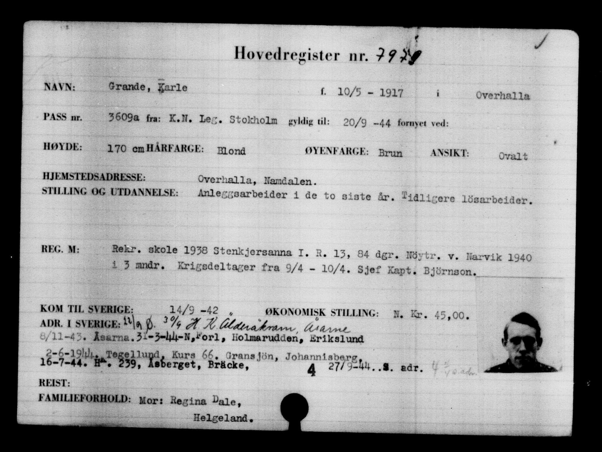 Utenriksstasjonene, Legasjonen i Stockholm, Flyktningkontoret, AV/RA-S-6753/V/Va/L0005: Kjesäterkartoteket, flyktninger med registreringsnr. 6600-9417, 1940-1945, s. 1615