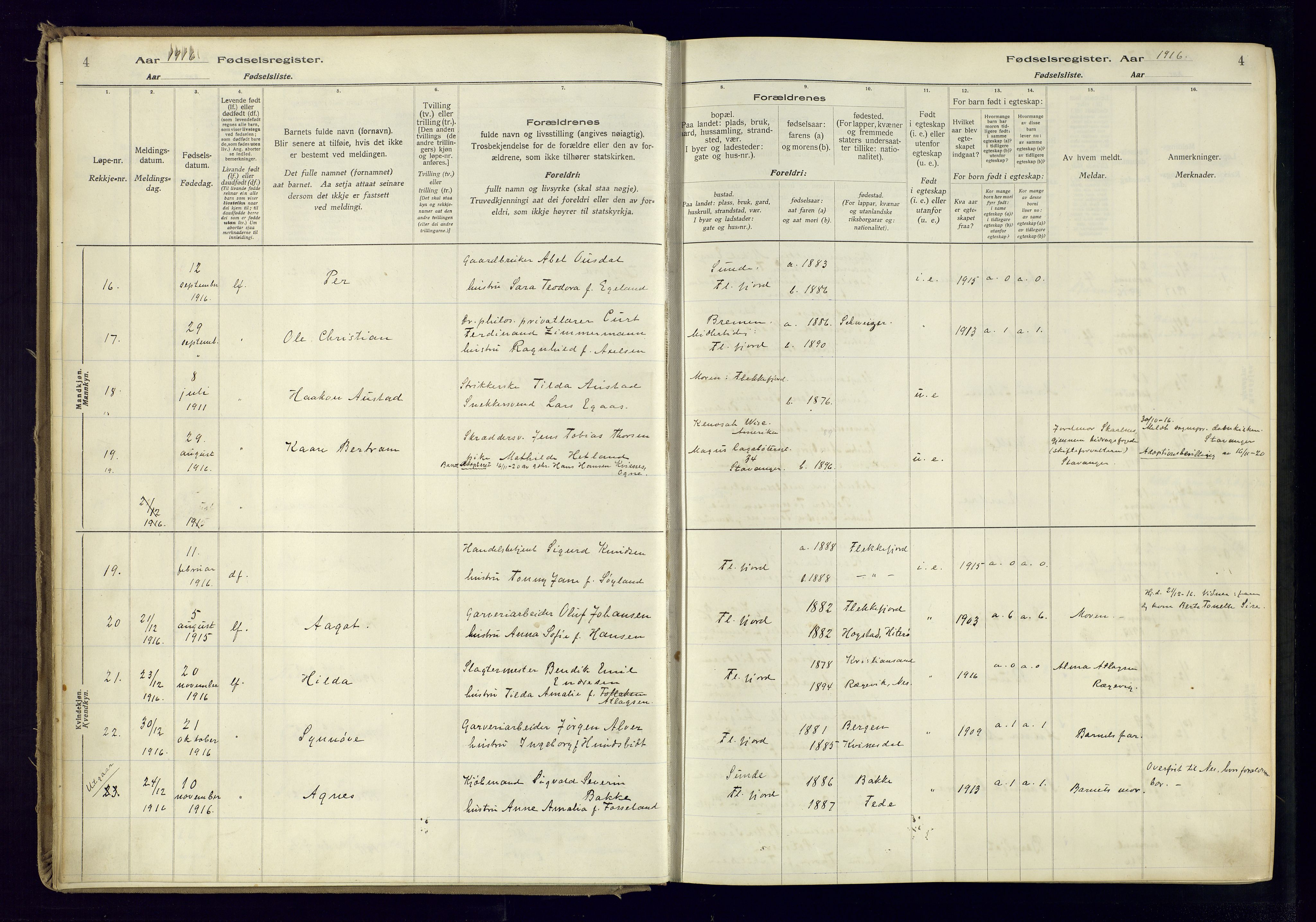 Flekkefjord sokneprestkontor, AV/SAK-1111-0012/J/Ja/L0001: Fødselsregister nr. 1, 1916-1948, s. 4