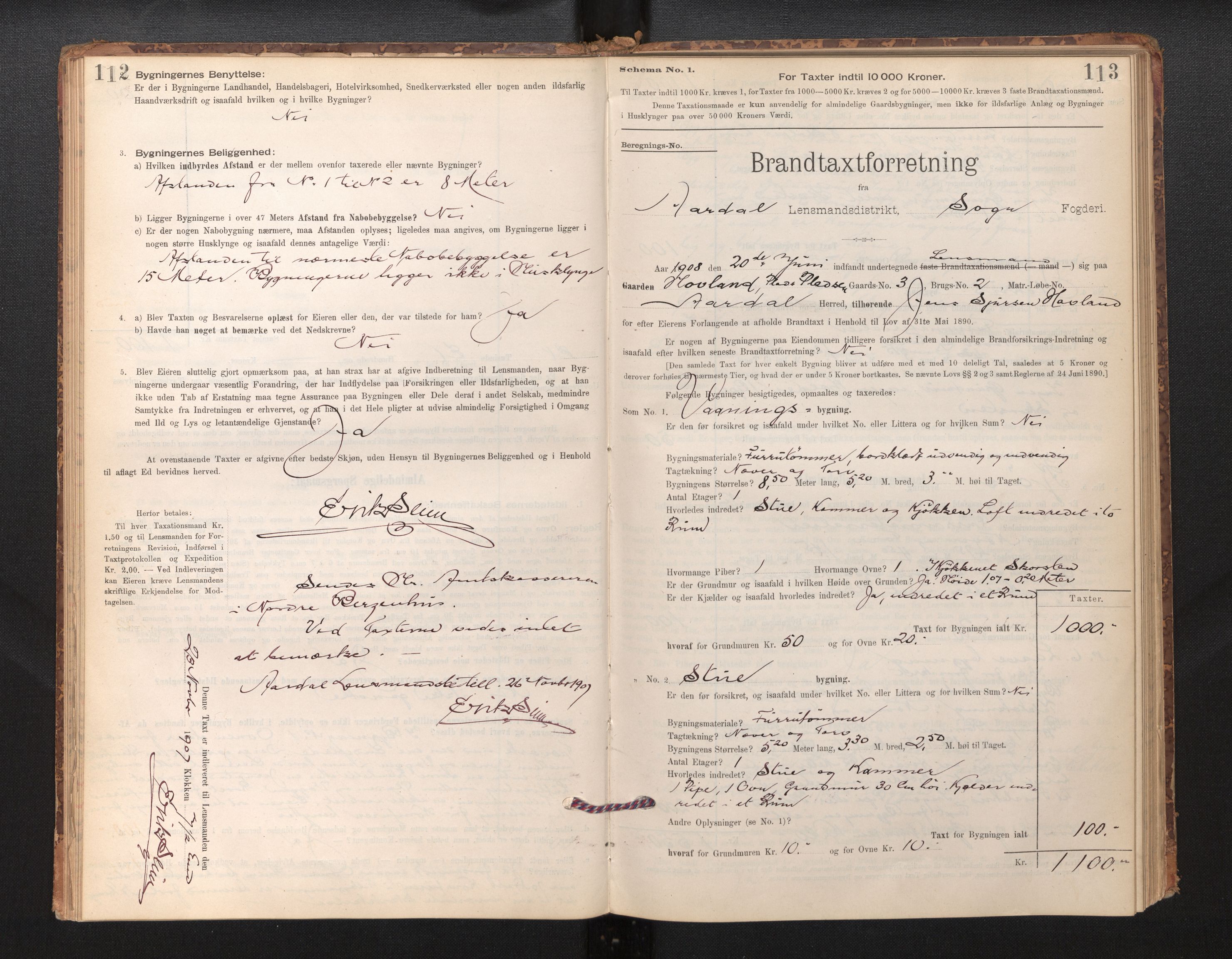 Lensmannen i Årdal, SAB/A-30501/0012/L0008: Branntakstprotokoll, skjematakst, 1895-1915, s. 112-113