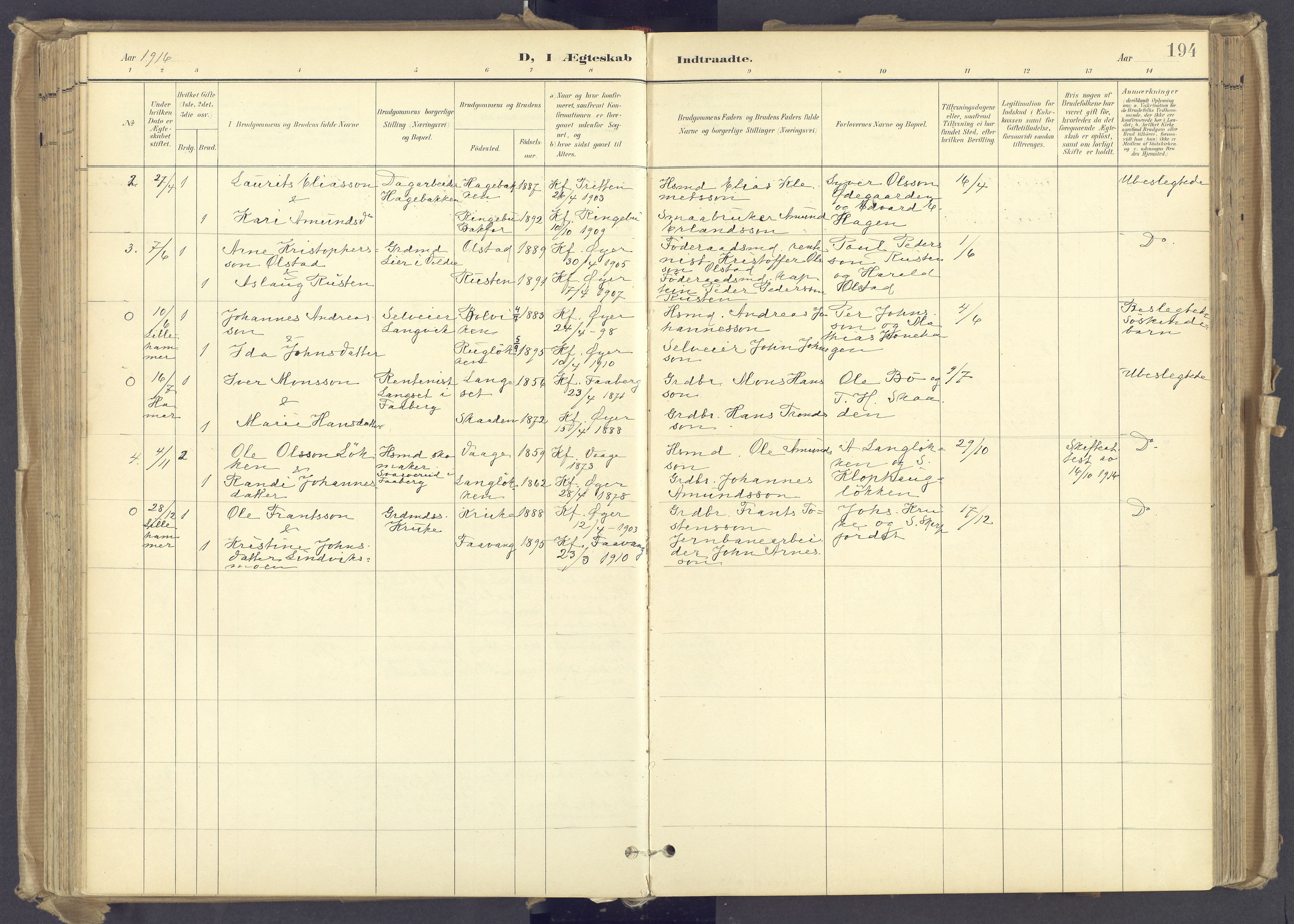 Øyer prestekontor, AV/SAH-PREST-084/H/Ha/Haa/L0012: Ministerialbok nr. 12, 1897-1920, s. 194