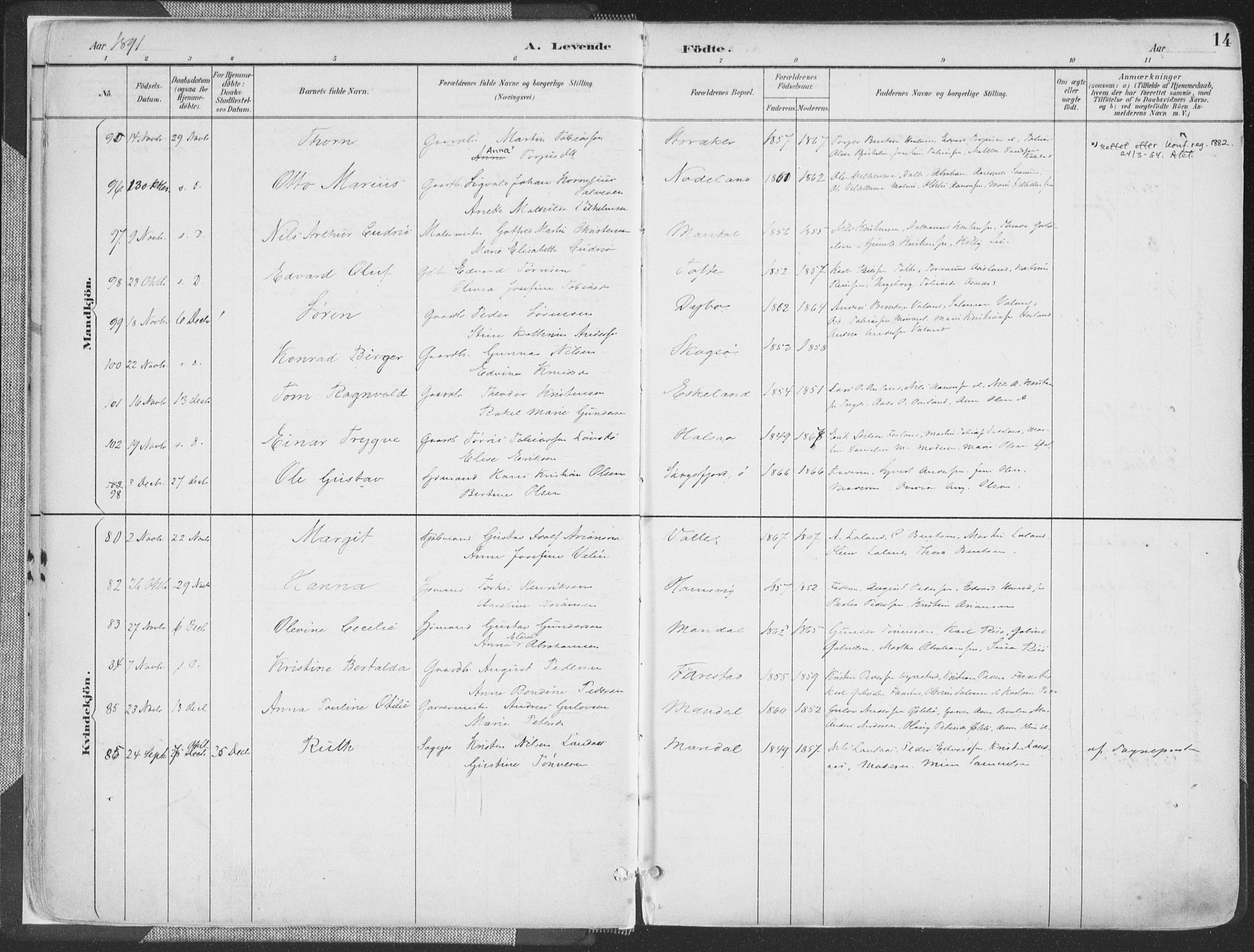 Mandal sokneprestkontor, SAK/1111-0030/F/Fa/Faa/L0018: Ministerialbok nr. A 18, 1890-1905, s. 14