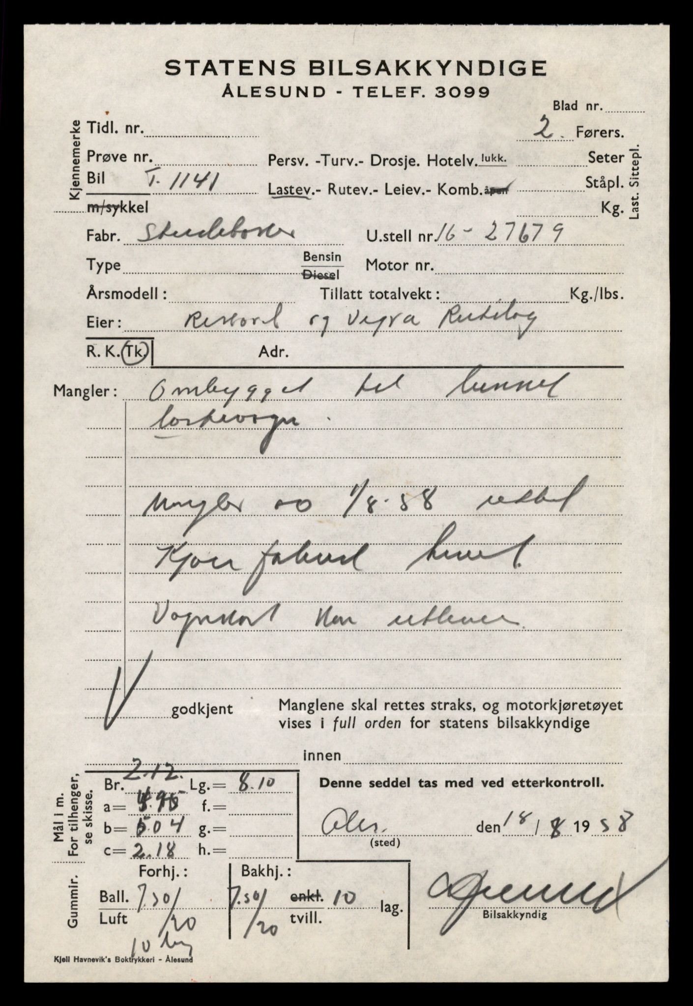 Møre og Romsdal vegkontor - Ålesund trafikkstasjon, AV/SAT-A-4099/F/Fe/L0010: Registreringskort for kjøretøy T 1050 - T 1169, 1927-1998, s. 2581