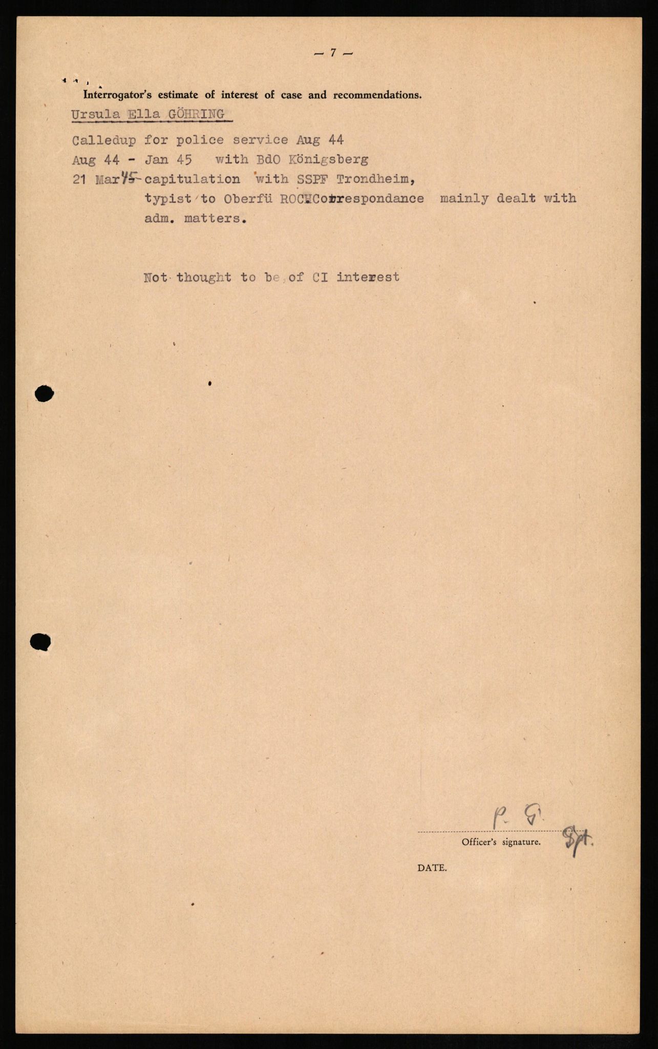 Forsvaret, Forsvarets overkommando II, RA/RAFA-3915/D/Db/L0011: CI Questionaires. Tyske okkupasjonsstyrker i Norge. Tyskere., 1945-1946, s. 33