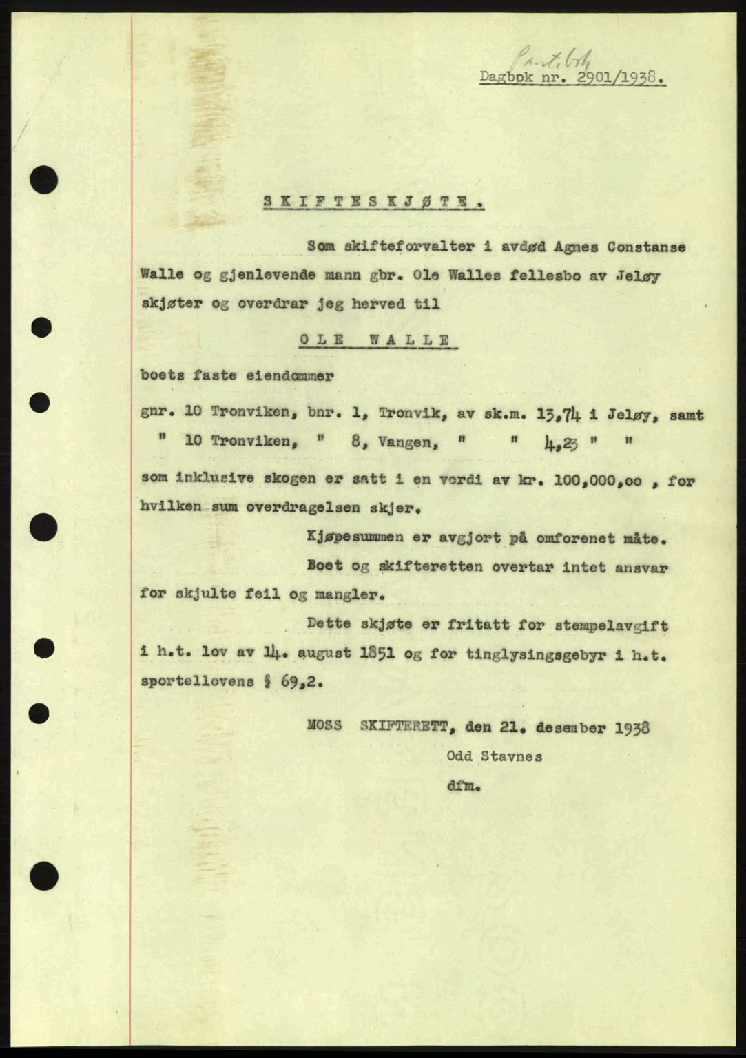 Moss sorenskriveri, SAO/A-10168: Pantebok nr. A5, 1938-1939, Dagboknr: 2901/1938