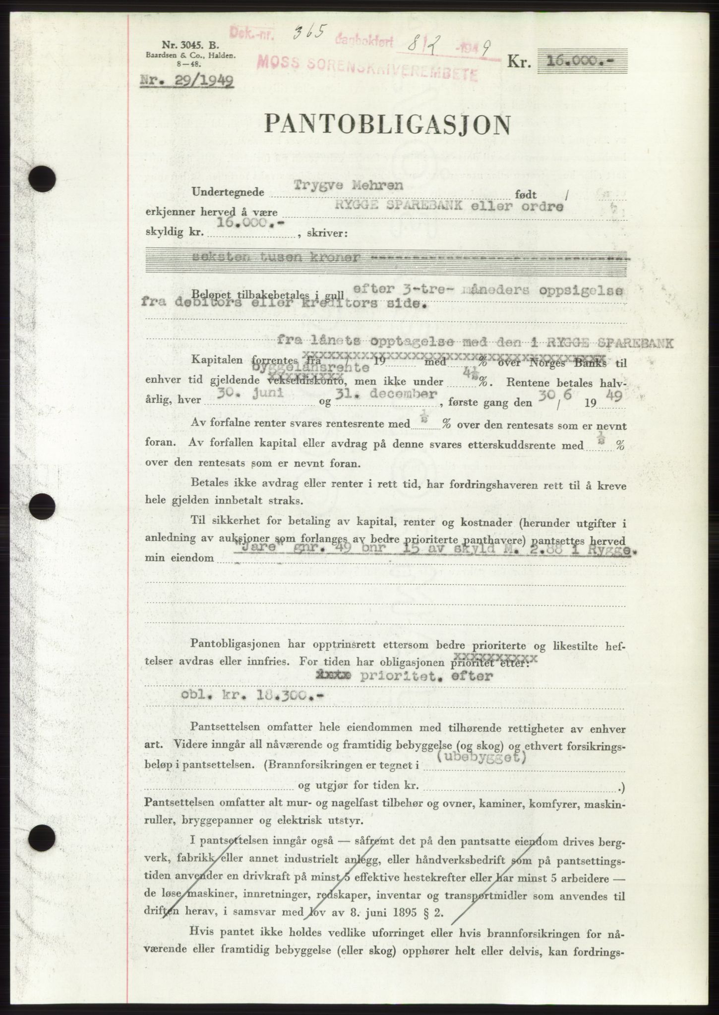 Moss sorenskriveri, SAO/A-10168: Pantebok nr. B21, 1949-1949, Dagboknr: 365/1949