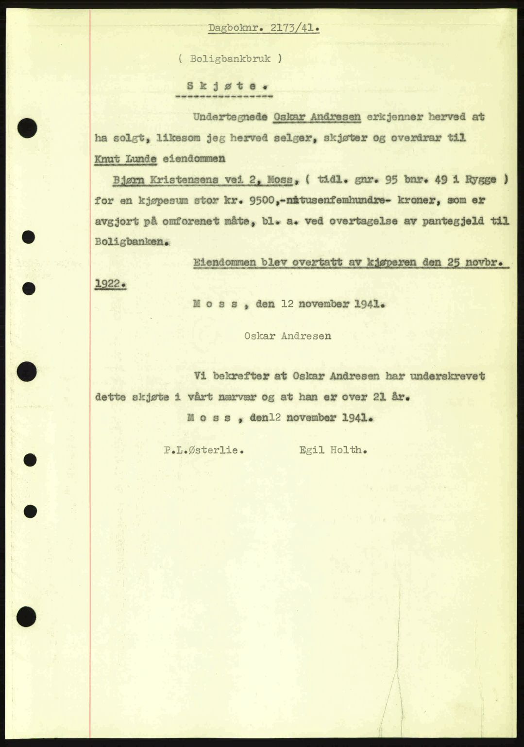 Moss sorenskriveri, SAO/A-10168: Pantebok nr. A9, 1941-1942, Dagboknr: 2173/1941