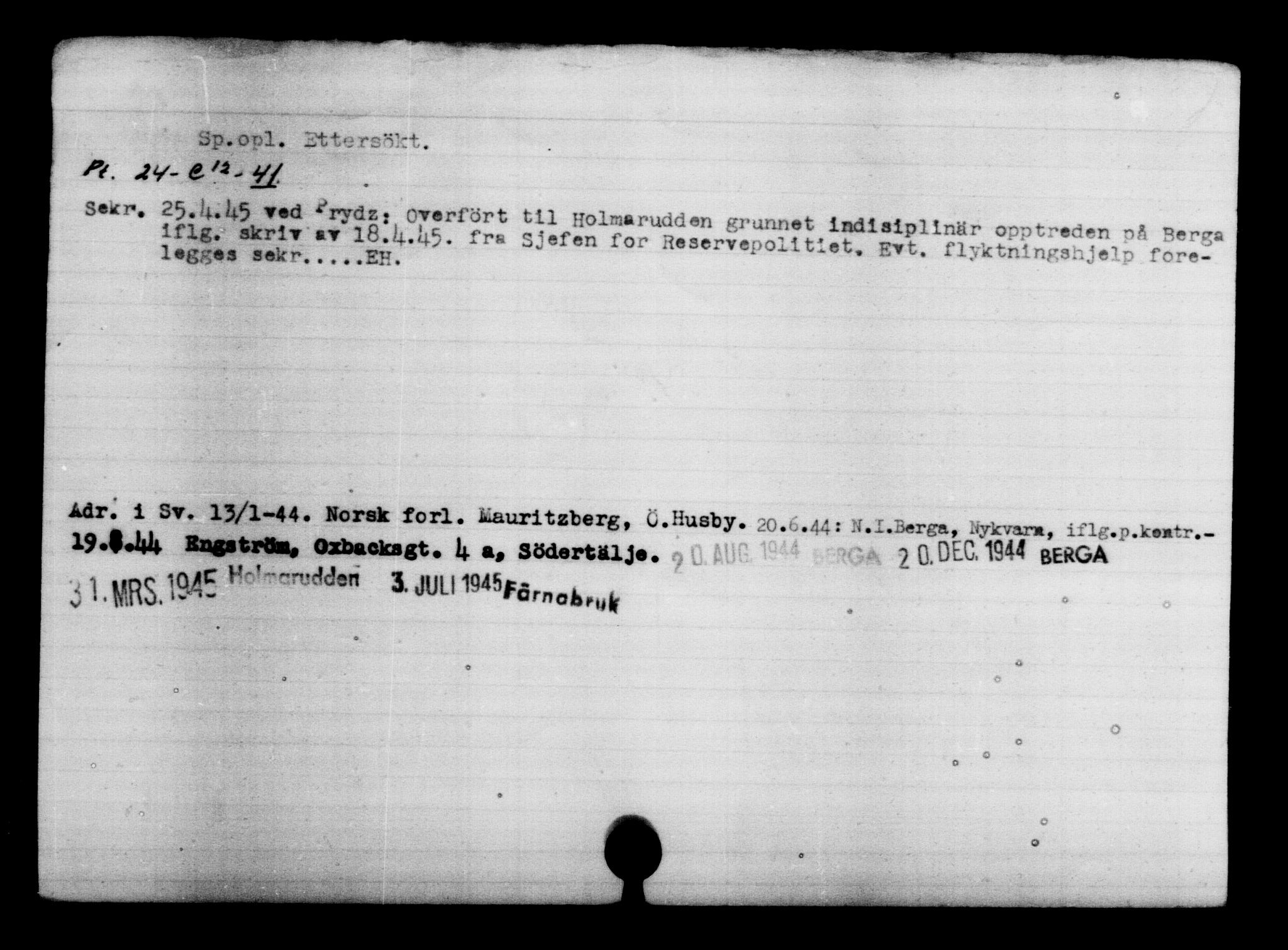 Utenriksstasjonene, Legasjonen i Stockholm, Flyktningkontoret, AV/RA-S-6753/V/Va/L0004: Kjesäterkartoteket, flyktninger med registreringsnr. 3496-6610, 1940-1945, s. 57