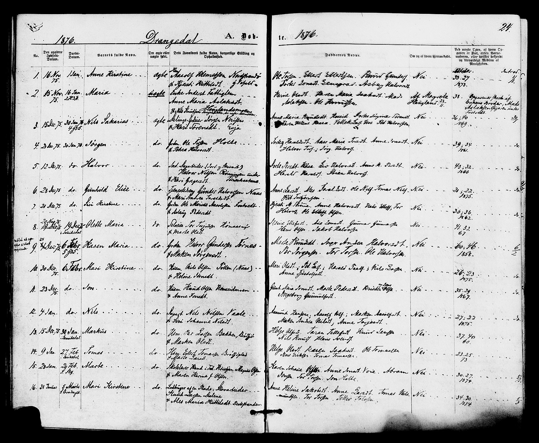 Drangedal kirkebøker, AV/SAKO-A-258/F/Fa/L0009: Ministerialbok nr. 9 /1, 1872-1884, s. 24